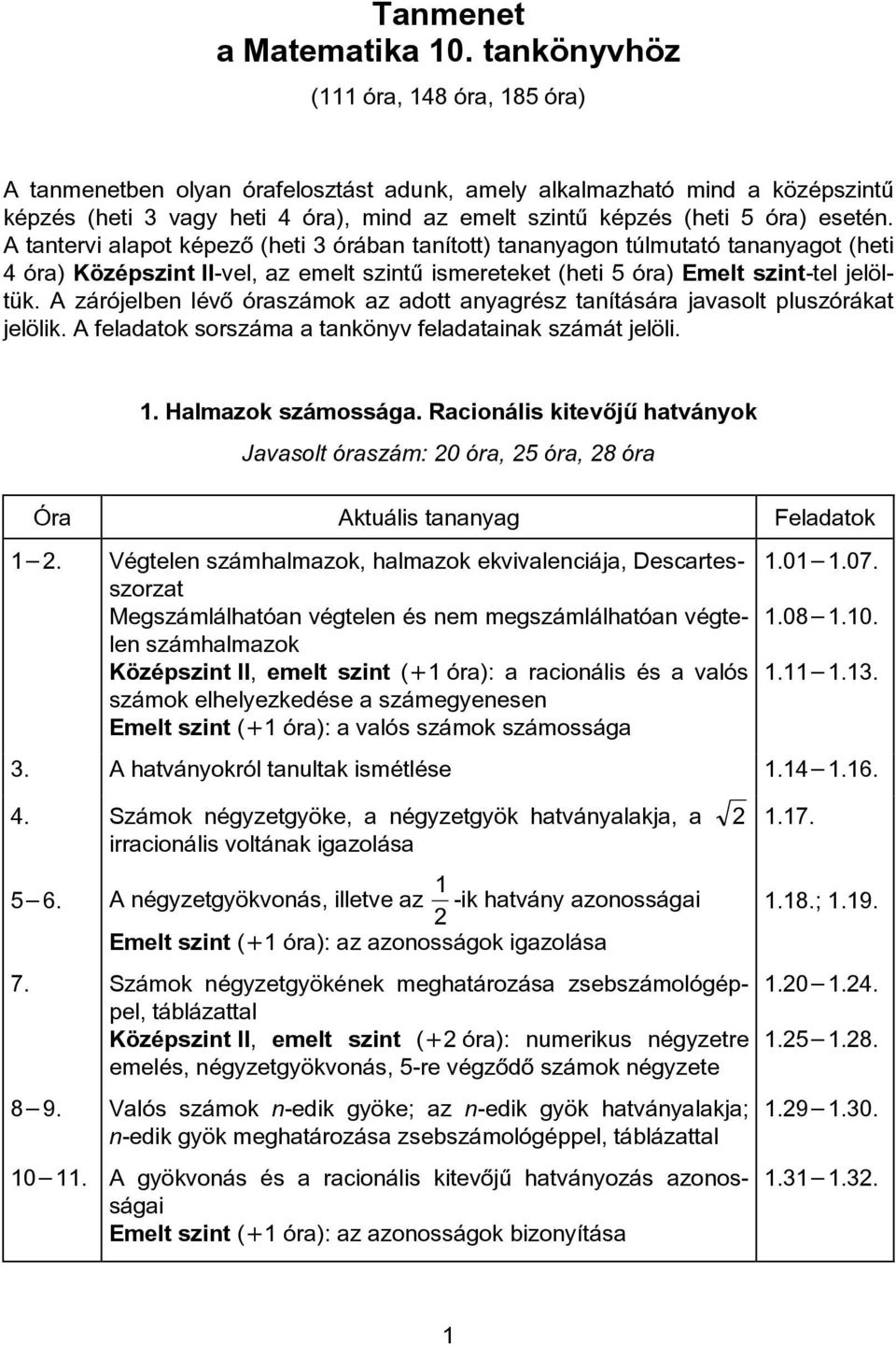 A tantervi alapot képezõ (heti 3 órában tanított) tananyagon túlmutató tananyagot (heti 4 óra) Középszint II-vel, az emelt szintû ismereteket (heti 5 óra) Emelt szint-tel jelöltük.