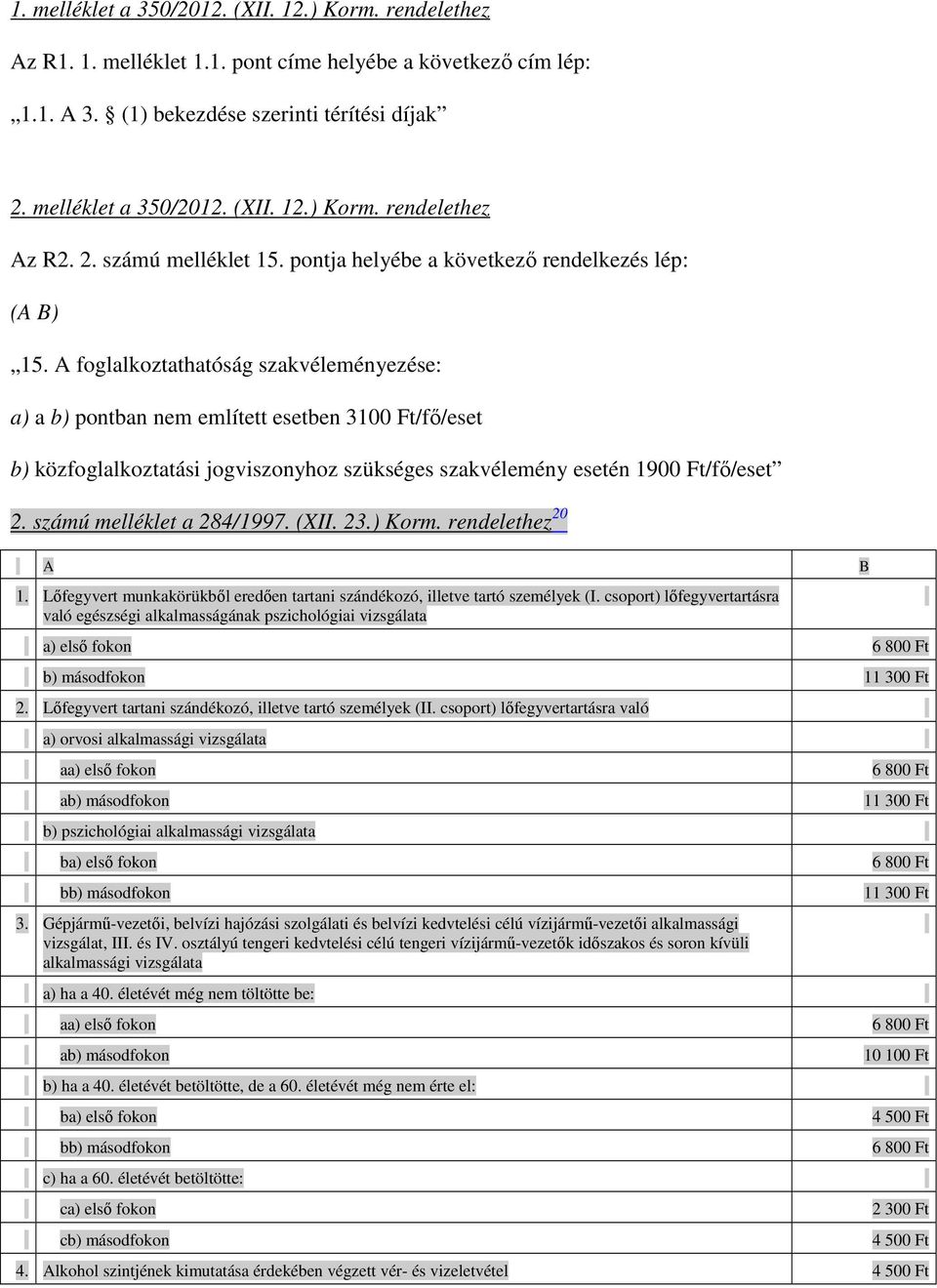 A foglalkoztathatóság szakvéleményezése: a) a b) pontban nem említett esetben 3100 Ft/fı/eset b) közfoglalkoztatási jogviszonyhoz szükséges szakvélemény esetén 1900 Ft/fı/eset 2.