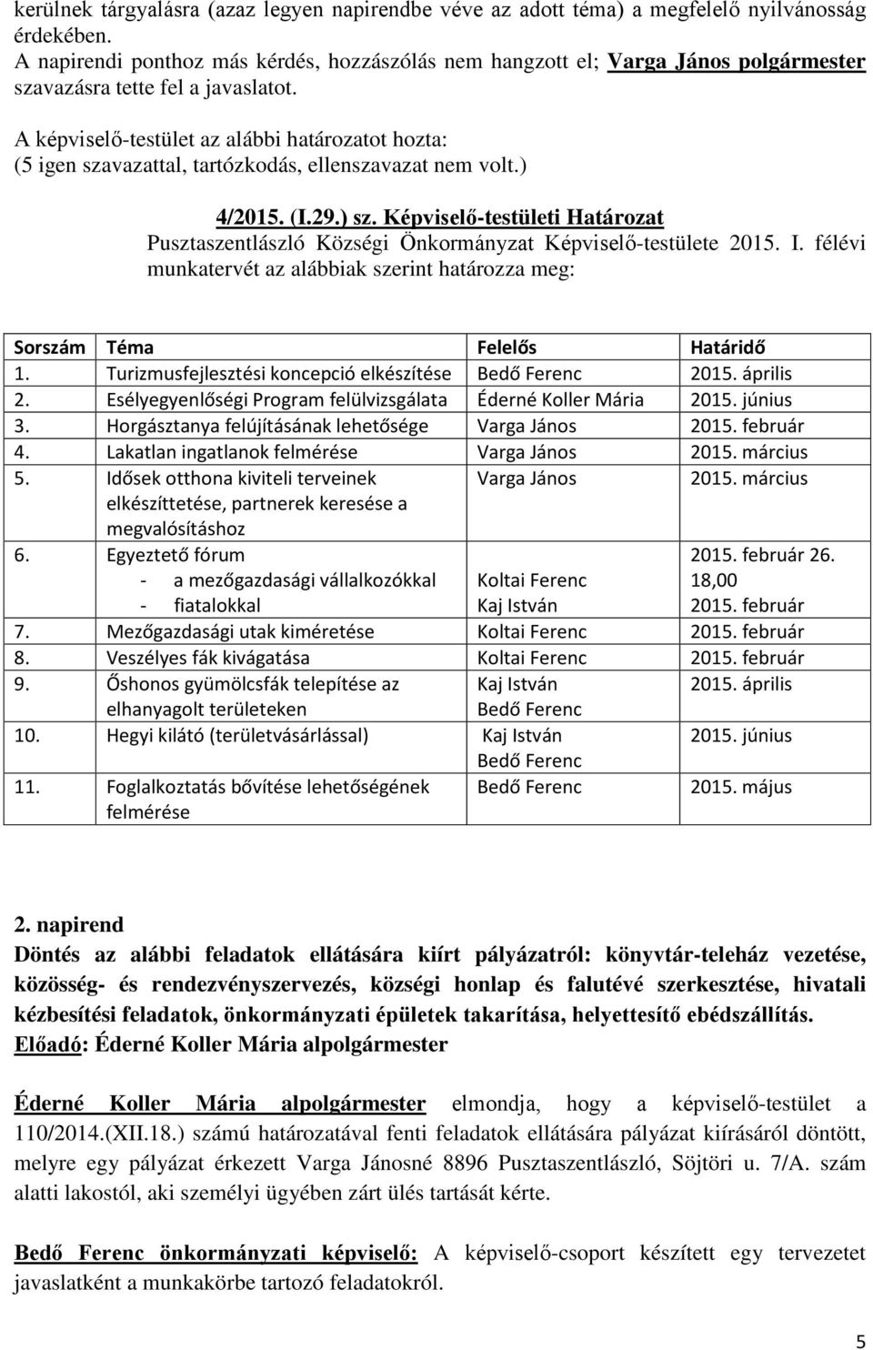 Turizmusfejlesztési koncepció elkészítése Bedő Ferenc 2015. április 2. Esélyegyenlőségi Program felülvizsgálata Éderné Koller Mária 2015. június 3.