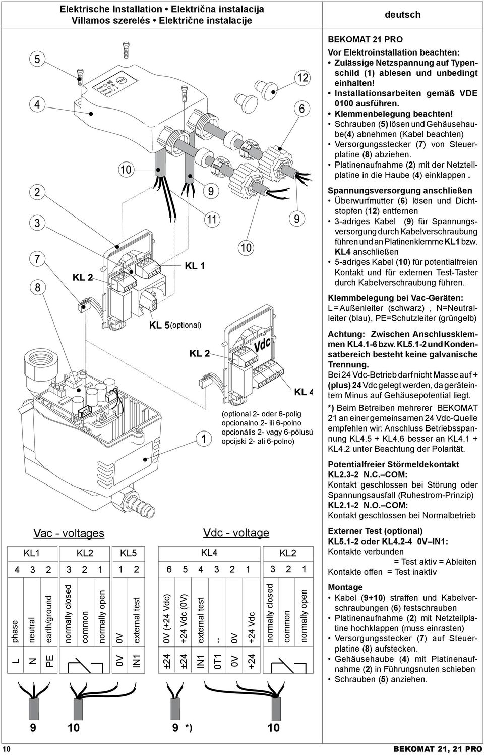 common normally open 0V 0V KL5 external test IN1 Vdc - voltage normally closed common normally open deutsch Vor Elektroinstallation beachten: Zulässige Netzspannung auf Typenschild (1) ablesen und