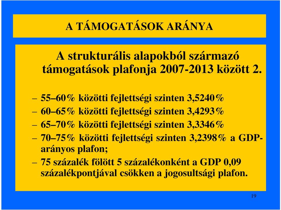 közötti fejlettségi szinten 3,3346% 70 75% közötti fejlettségi szinten 3,2398% a GDParányos