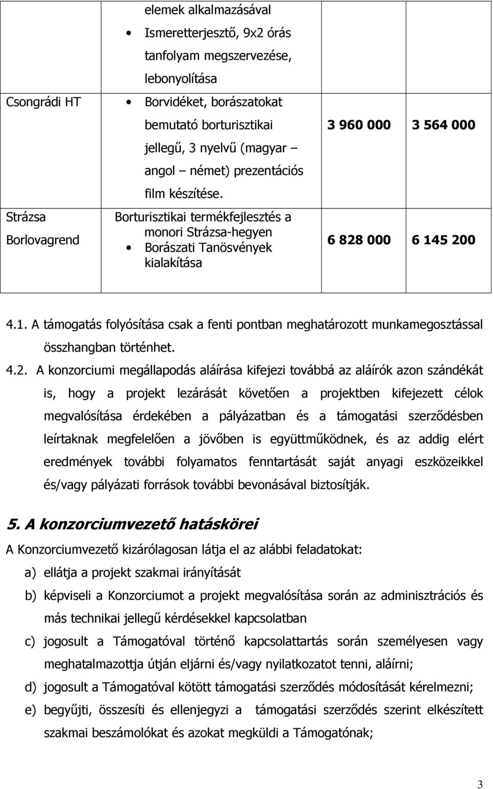 5 200 4.1. A támogatás folyósítása csak a fenti pontban meghatározott munkamegosztással összhangban történhet. 4.2. A konzorciumi megállapodás aláírása kifejezi továbbá az aláírók azon szándékát is,