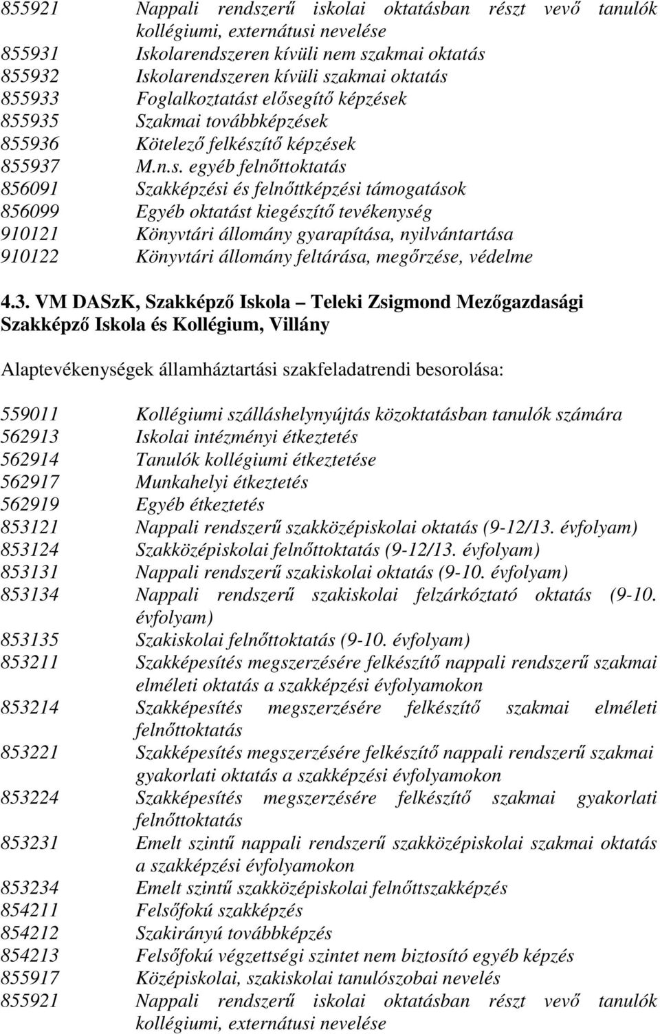 elősegítő képzések 855935 Szakmai továbbképzések 855936 Kötelező felkészítő képzések 855937 M.n.s. egyéb 856091 Szakképzési és felnőttképzési támogatások 856099 Egyéb oktatást kiegészítő tevékenység