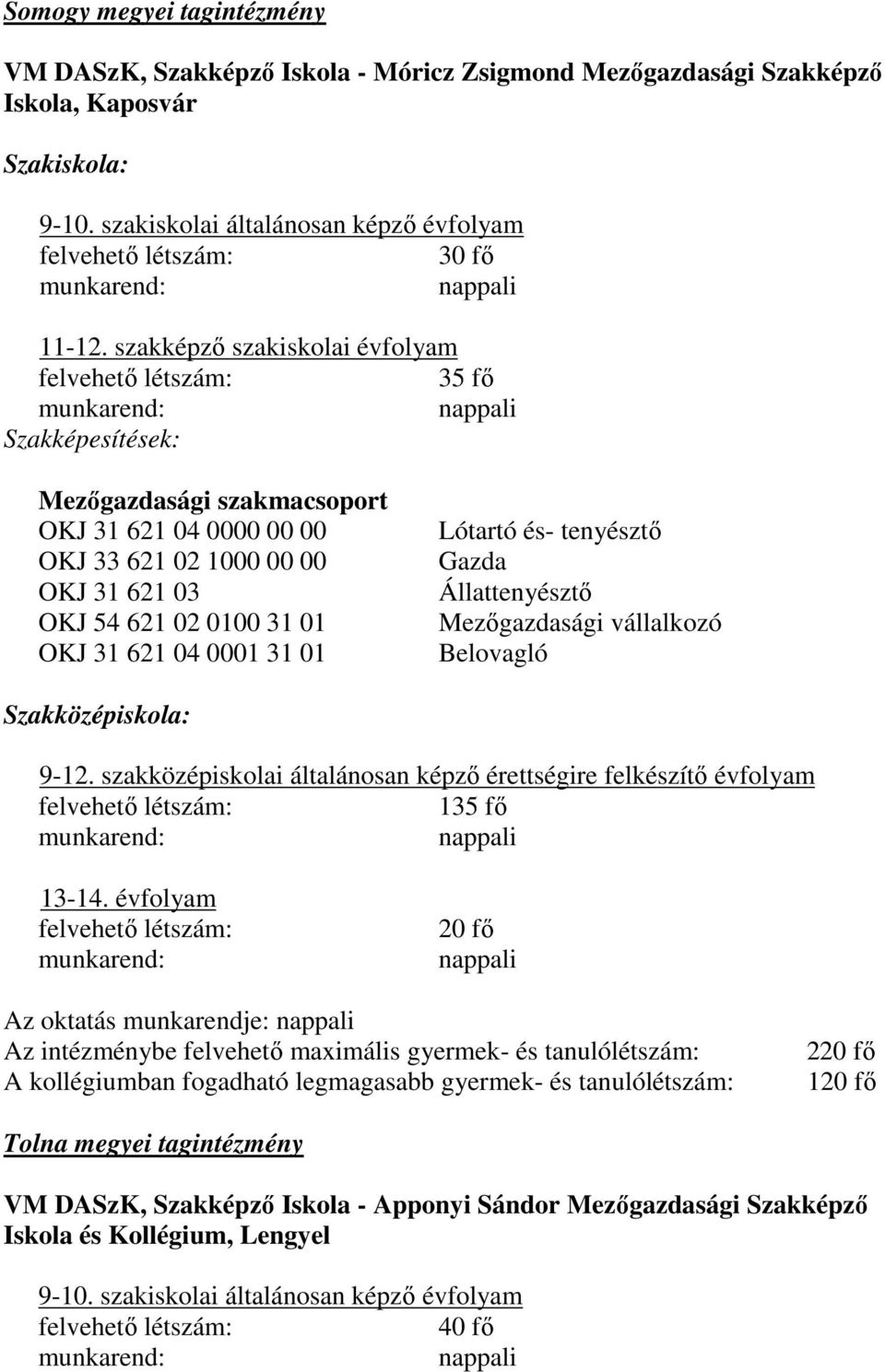 Lótartó és- tenyésztő Gazda Állattenyésztő Mezőgazdasági vállalkozó Belovagló Szakközépiskola: 9-12. szakközépiskolai általánosan képző érettségire felkészítő évfolyam 135 fő 13-14.