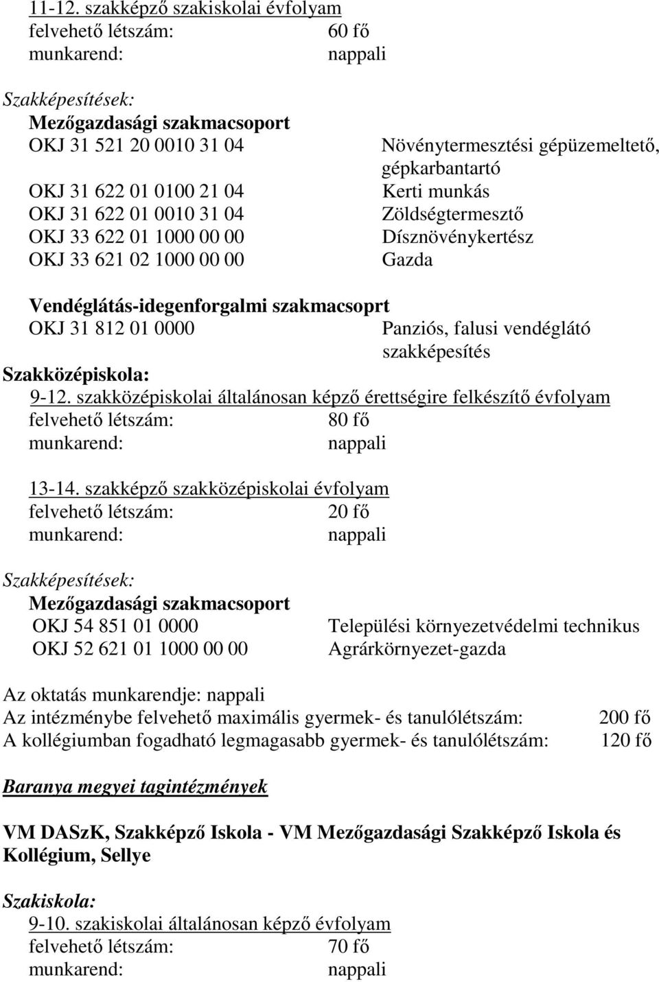 1000 00 00 Növénytermesztési gépüzemeltető, gépkarbantartó Kerti munkás Zöldségtermesztő Dísznövénykertész Gazda Vendéglátás-idegenforgalmi szakmacsoprt OKJ 31 812 01 0000 Panziós, falusi vendéglátó