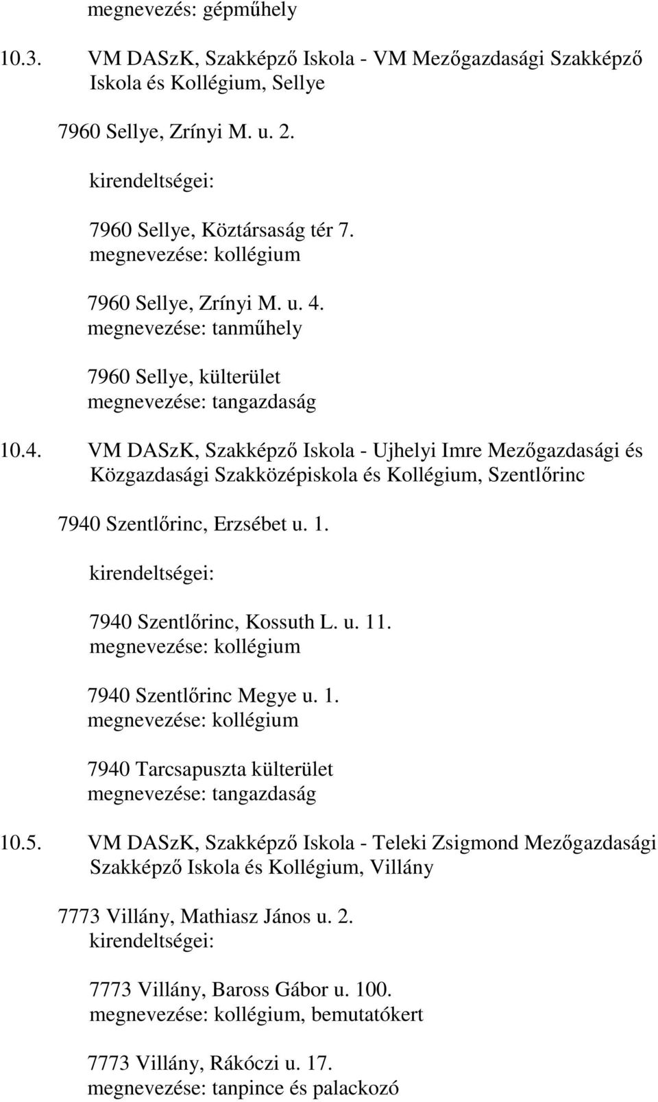 1. kirendeltségei: 7940 Szentlőrinc, Kossuth L. u. 11. megnevezése: kollégium 7940 Szentlőrinc Megye u. 1. megnevezése: kollégium 7940 Tarcsapuszta külterület megnevezése: tangazdaság 10.5.