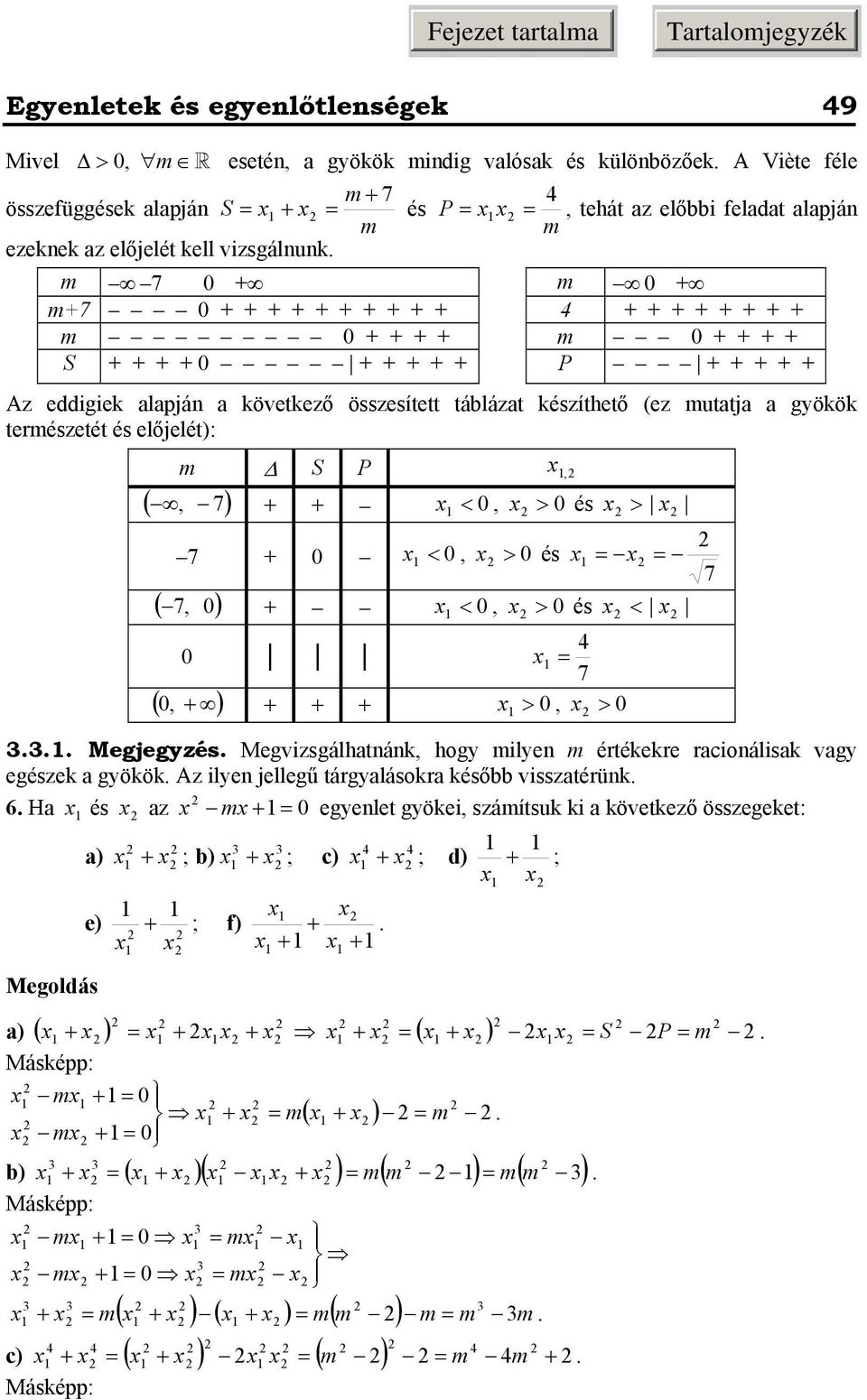 természetét és előjelét): m S P, (, 7) + + < 0, > 0 és > 7 + 0 < 0, > 0 és 7 ( 7, 0) + < 0, > 0 és < 0 7 ( 0, + ) + + + 0, > 0 Megjegyzés Megvizsgálhtnánk, hogy milyen m értékekre rcionálisk vgy