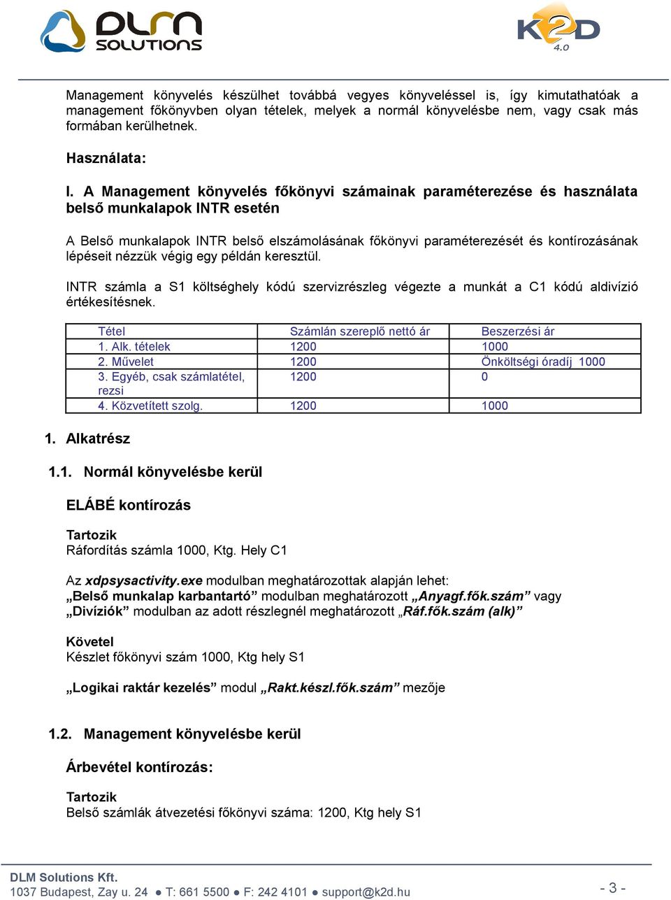 A Management könyvelés főkönyvi számainak paraméterezése és használata belső munkalapok INTR esetén A Belső munkalapok INTR belső elszámolásának főkönyvi paraméterezését és kontírozásának lépéseit