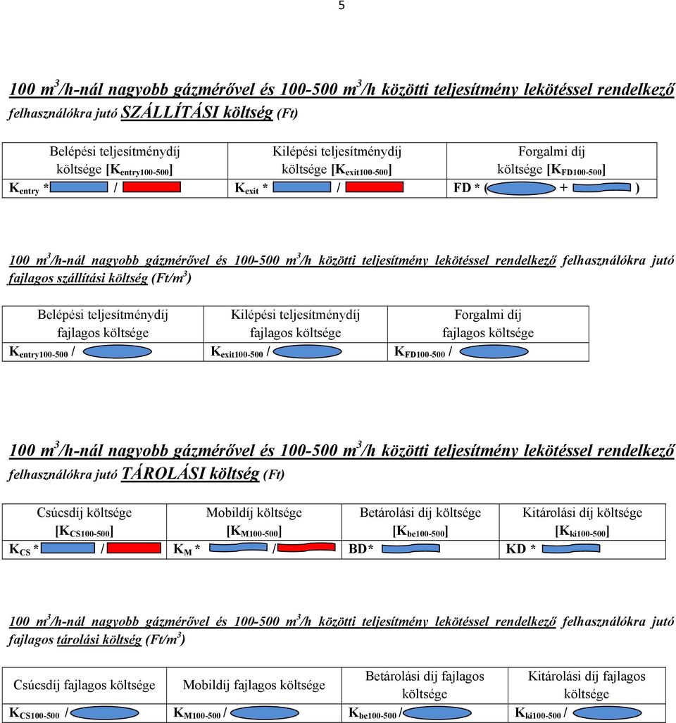 exit100-500 / K FD100-500 / 100 m 3 /h-nál nagyobb gázmérővel és 100-500 m 3 /h közötti teljesítmény lekötéssel rendelkező felhasználókra jutó TÁROLÁSI költség (Ft) Csúcsdíj [K CS100-500 ] Mobildíj