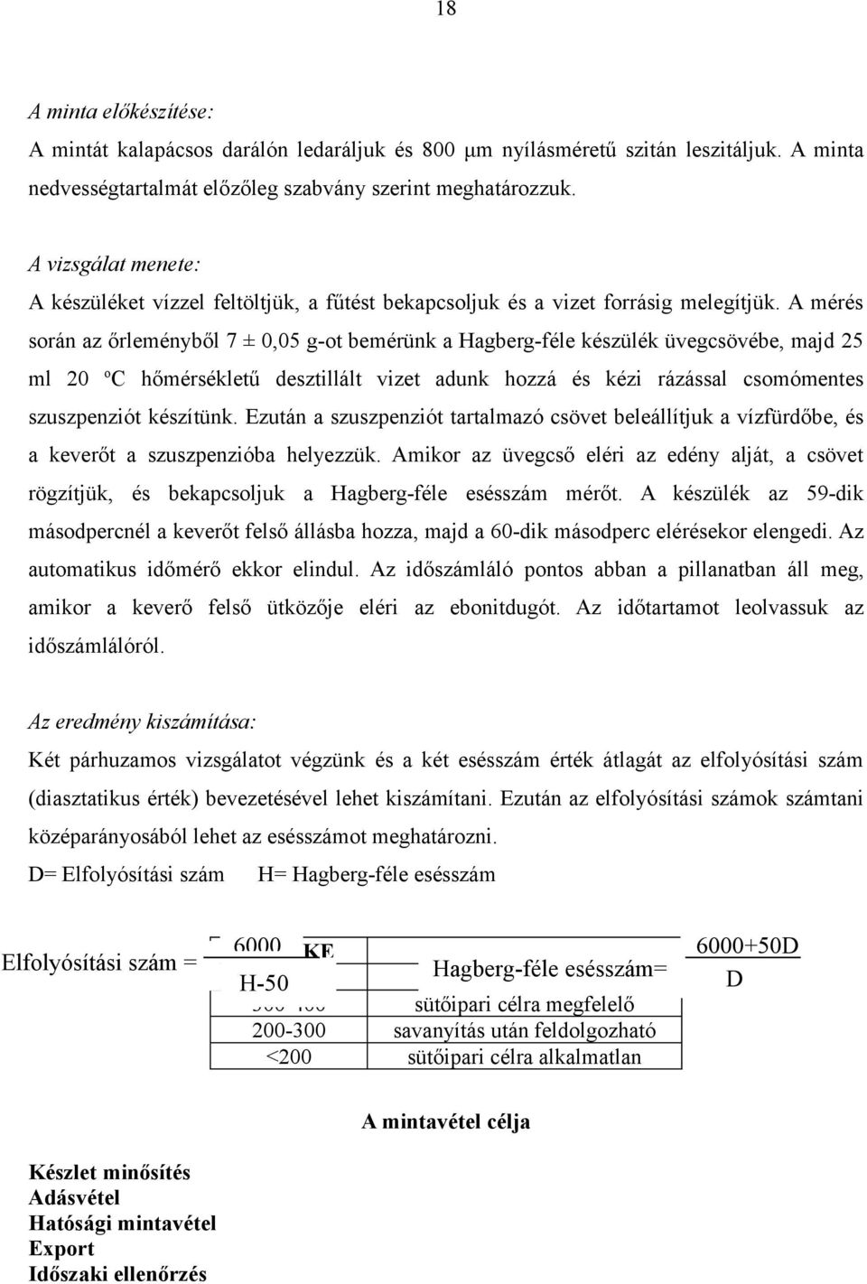 A mérés során az őrleményből 7 ± 0,05 g-ot bemérünk a Hagberg-féle készülék üvegcsövébe, majd 25 ml 20 o C hőmérsékletű desztillált vizet adunk hozzá és kézi rázással csomómentes szuszpenziót