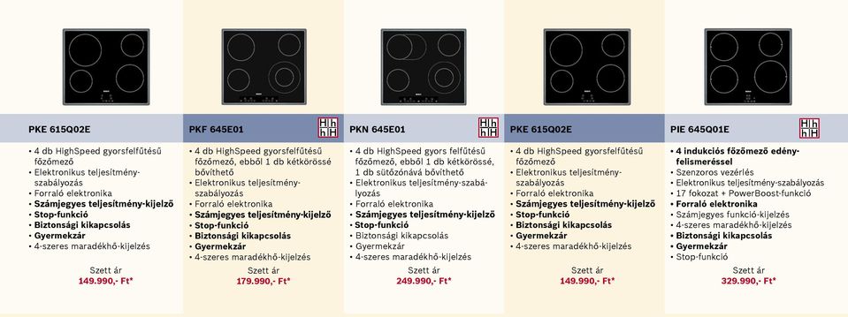990,- Ft* 4 db HighSpeed gyorsfelfűtésű főzőmező, ebből 1 db kétkörössé bővíthető Elektronikus teljesítményszabályozás Forraló elektronika Számjegyes teljesítmény-kijelző Stop-funkció Biztonsági