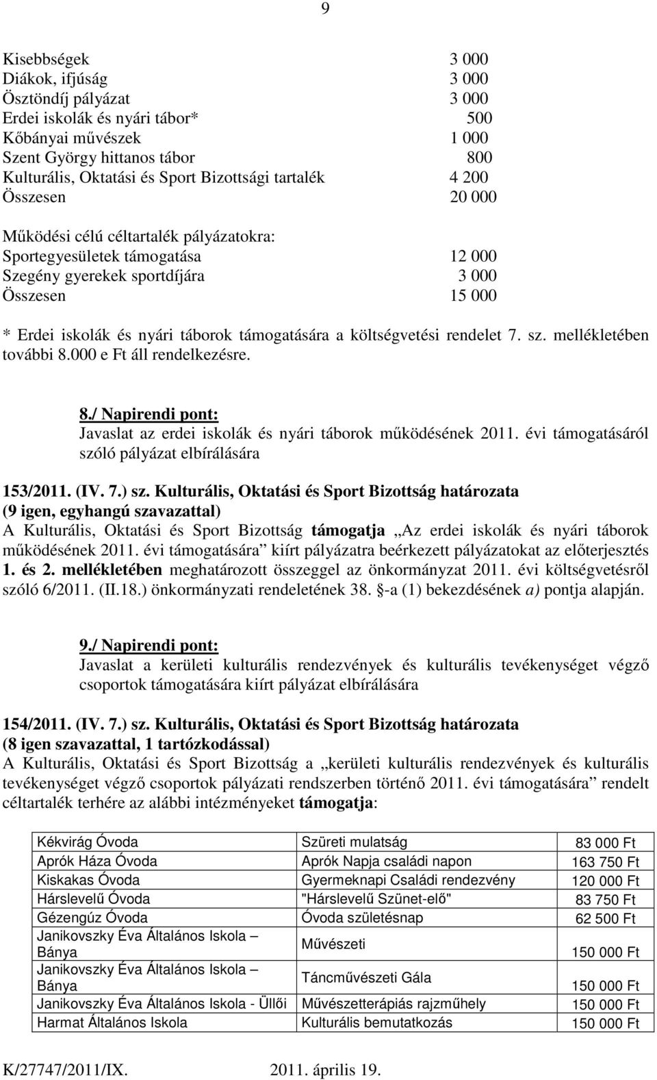 támogatására a költségvetési rendelet 7. sz. mellékletében további 8.000 e Ft áll rendelkezésre. 8./ Napirendi pont: Javaslat az erdei iskolák és nyári táborok működésének 2011.