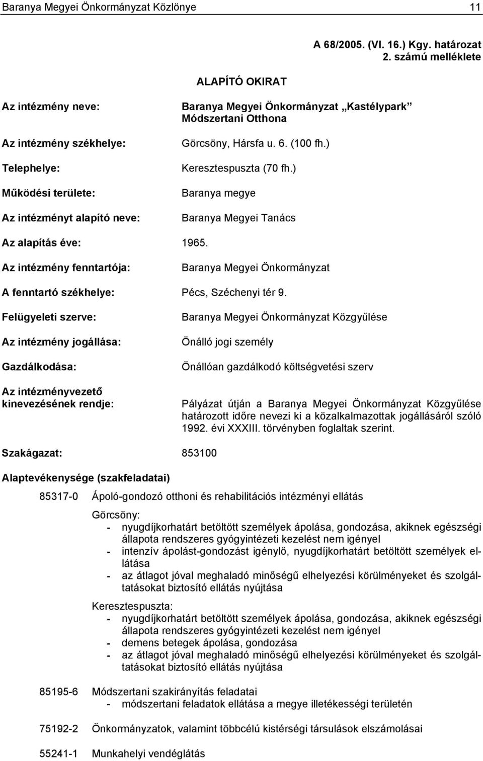 6. (100 fh.) Keresztespuszta (70 fh.) Baranya megye Baranya Megyei Tanács Az alapítás éve: 1965. Az intézmény fenntartója: Baranya Megyei Önkormányzat A fenntartó székhelye: Pécs, Széchenyi tér 9.