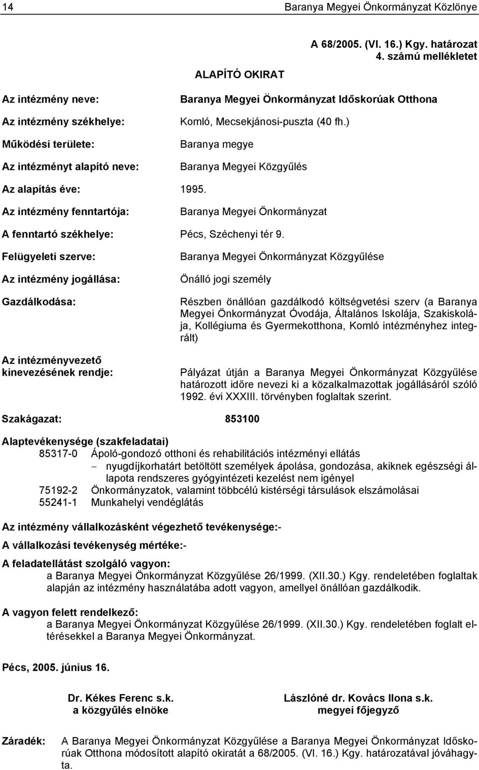 ) Baranya megye Baranya Megyei Közgyűlés Az alapítás éve: 1995. Az intézmény fenntartója: Baranya Megyei Önkormányzat A fenntartó székhelye: Pécs, Széchenyi tér 9.