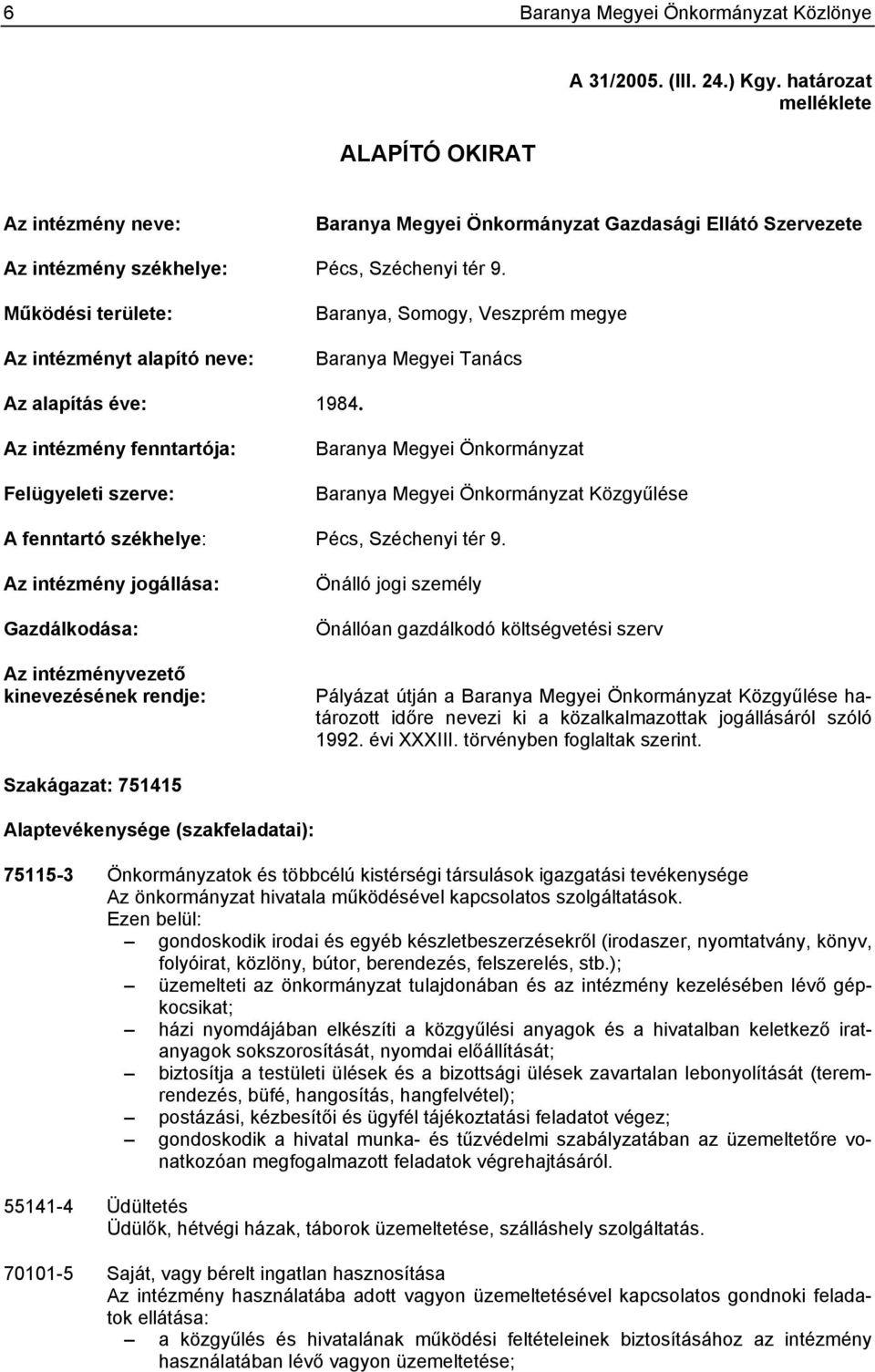 Működési területe: Az intézményt alapító neve: Baranya, Somogy, Veszprém megye Baranya Megyei Tanács Az alapítás éve: 1984.