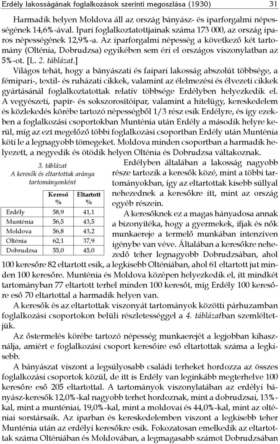 Az iparforgalmi népesség a következő két tartomány (Olténia, Dobrudzsa) egyikében sem éri el országos viszonylatban az 5%-ot. [L. 2. táblázat.