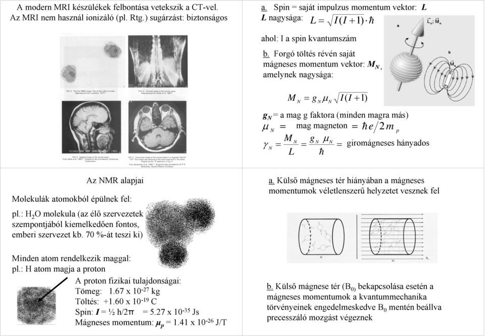 Forgó töltés révén saját mágneses momentum vektor: M, amelynek nagysága: M = g μ I( I +1) g = a mag g faktora (minden magra más) μ mag magneton = = e 2 m p M g μ γ = = = giromágneses hányados L Az MR