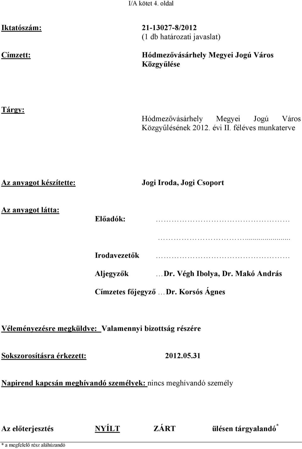 Város Közgyűlésének 2012. évi II. féléves munkaterve Az anyagot készítette: Jogi Iroda, Jogi Csoport Az anyagot látta: Előadók: Irodavezetők Aljegyzők... Dr.