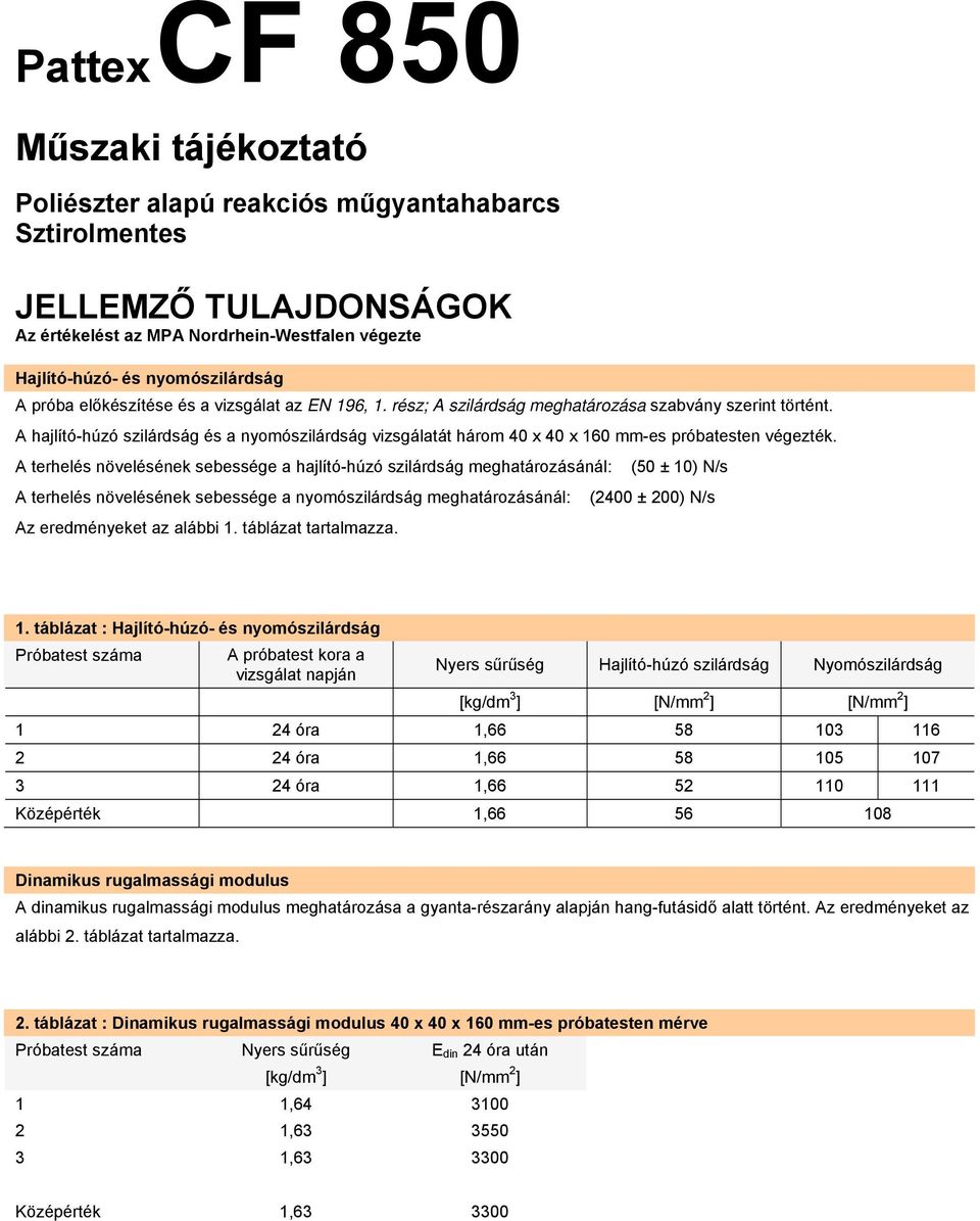 A terhelés növelésének sebessége a hajlító-húzó szilárdság meghatározásánál: (50 ± 10) N/s A terhelés növelésének sebessége a nyomószilárdság meghatározásánál: (2400 ± 200) N/s Az eredményeket az