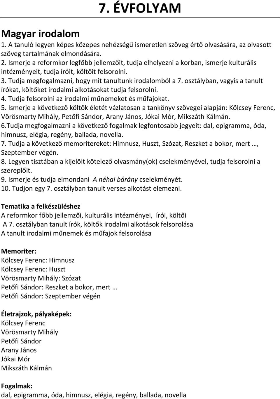 osztályban, vagyis a tanult írókat, költőket irodalmi alkotásokat tudja felsorolni. 4. Tudja felsorolni az irodalmi műnemeket és műfajokat. 5.