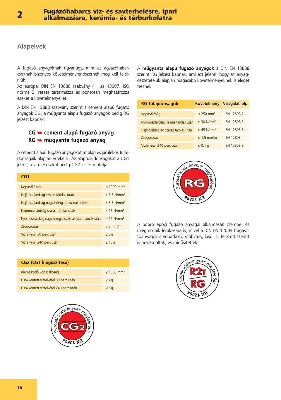 A DIN EN 13888 szabvány szerint a cement alapú fugázó anyagok CG, a műgyanta alapú fugázó anyagok pedig RG jelzést kapnak: A műgyanta alapú fugázó anyagok a DIN EN 13888 szerint RG jelzést kapnak,