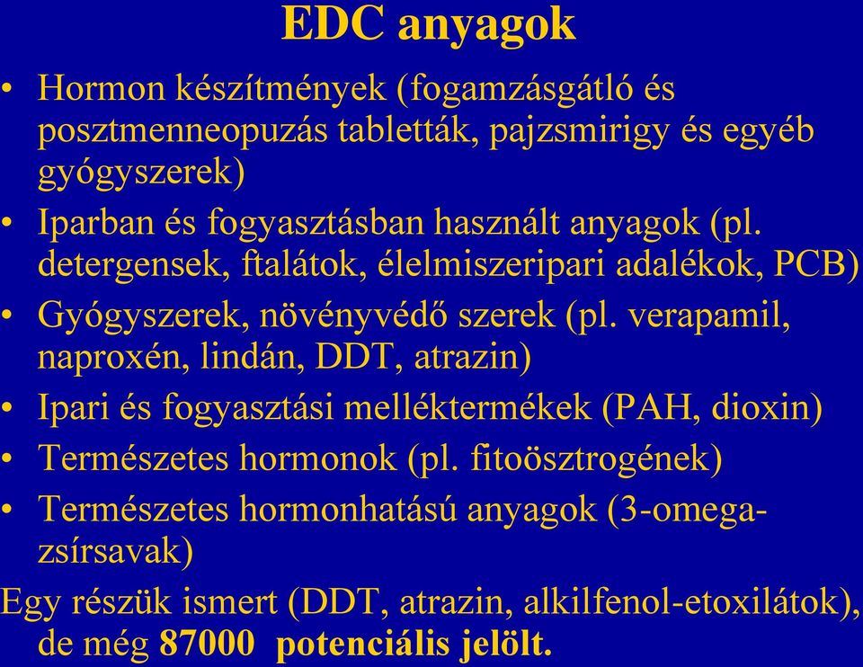 verapamil, naproxén, lindán, DDT, atrazin) Ipari és fogyasztási melléktermékek (PAH, dioxin) Természetes hormonok (pl.