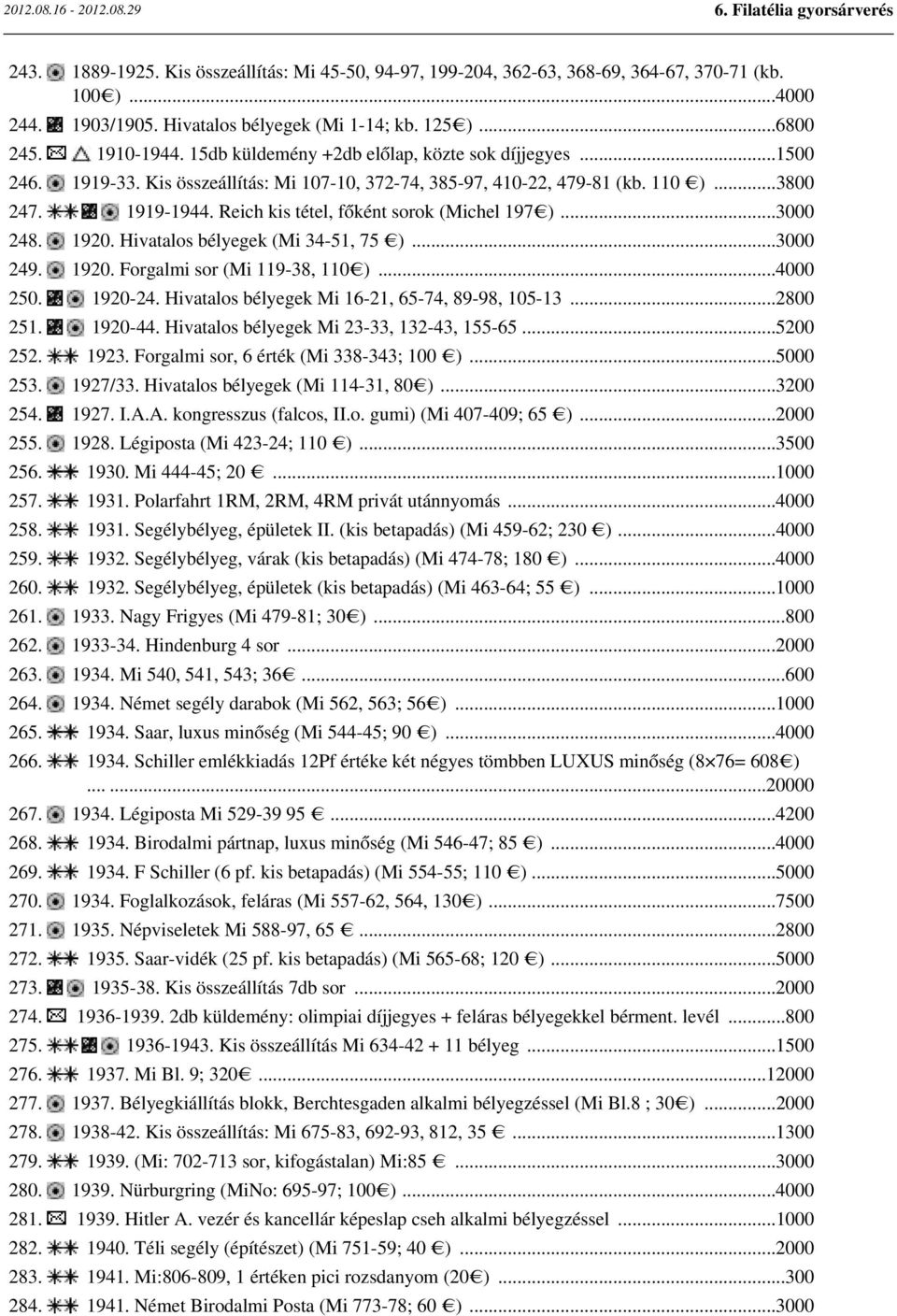 Reich kis tétel, főként sorok (Michel 197 )...3000 248. 1920. Hivatalos bélyegek (Mi 34-51, 75 )...3000 249. 1920. Forgalmi sor (Mi 119-38, 110 )...4000 250. 1920-24.