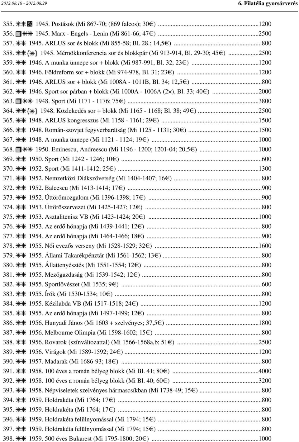 34; 12,5 )...800 362. 1946. Sport sor párban + blokk (Mi 1000A - 1006A (2 ), Bl. 33; 40 )...2000 363. 1948. Sport (Mi 1171-1176; 75 )...3800 364. 1948. Közlekedés sor + blokk (Mi 1165-1168; Bl.