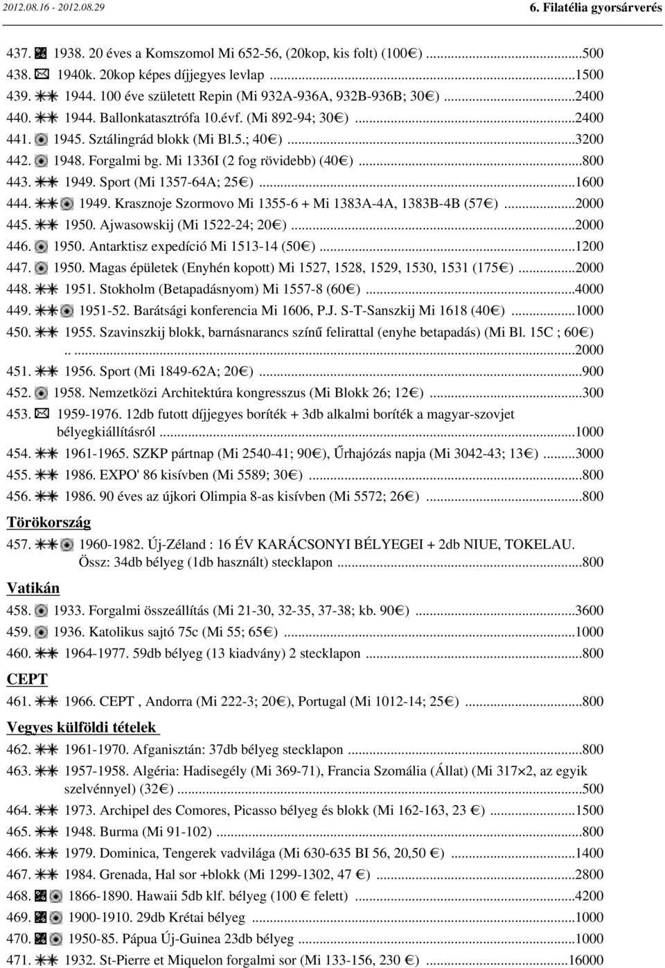 Sport (Mi 1357-64A; 25 )...1600 444. 1949. Krasznoje Szormovo Mi 1355-6 + Mi 1383A-4A, 1383B-4B (57 )...2000 445. 1950. Ajwasowskij (Mi 1522-24; 20 )...2000 446. 1950. Antarktisz expedíció Mi 1513-14 (50 ).