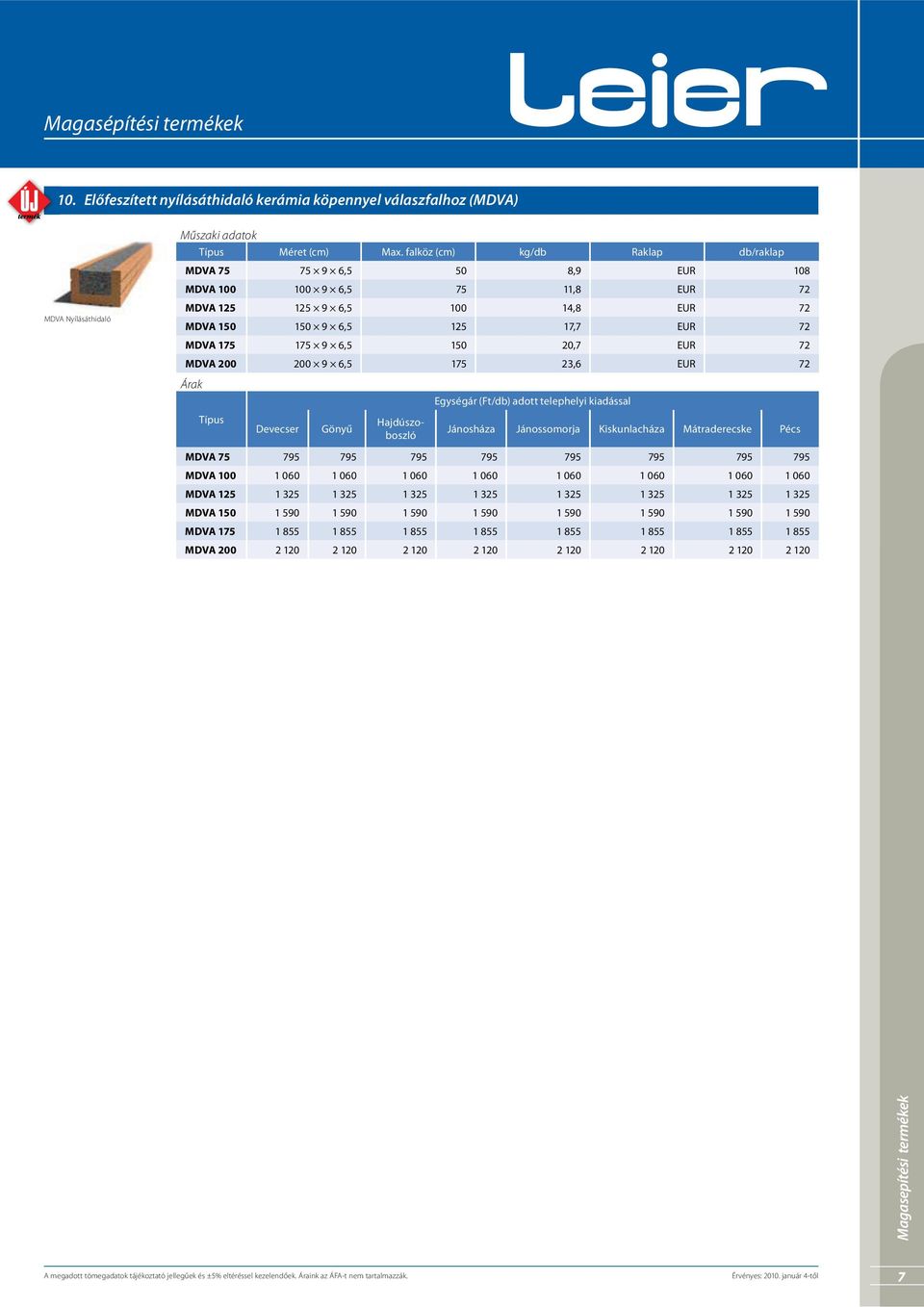 75 75 9 6,5 50 20,7 EUR 72 MDVA 200 200 9 6,5 75 23,6 EUR 72 Gönyű Hajdúszoboszló Jánosháza Jánossomorja Kiskunlacháza Mátraderecske Pécs MDVA 75 795 795 795 795