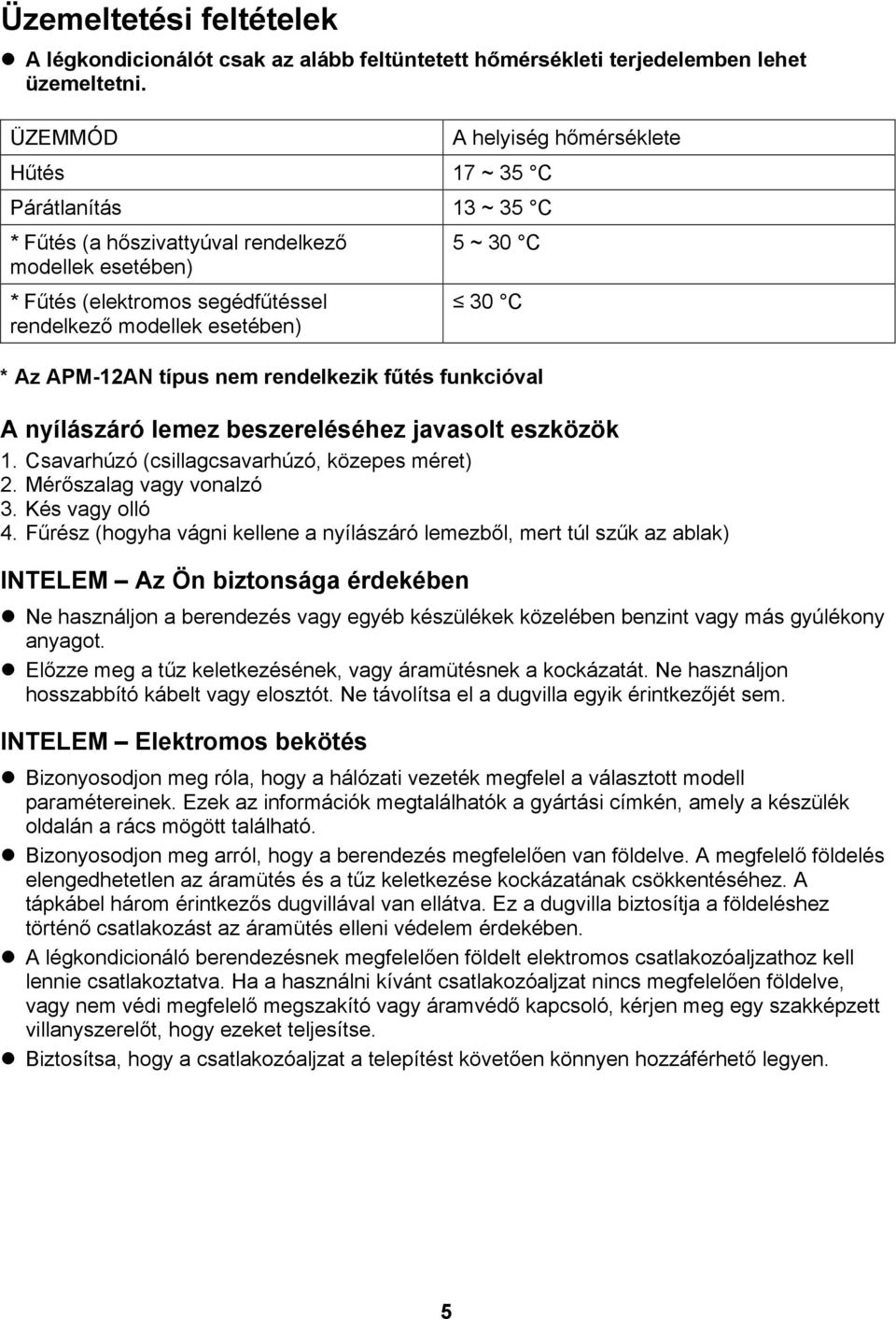 30 C * Az APM-12AN típus nem rendelkezik fűtés funkcióval A nyílászáró lemez beszereléséhez javasolt eszközök 1. Csavarhúzó (csillagcsavarhúzó, közepes méret) 2. Mérőszalag vagy vonalzó 3.