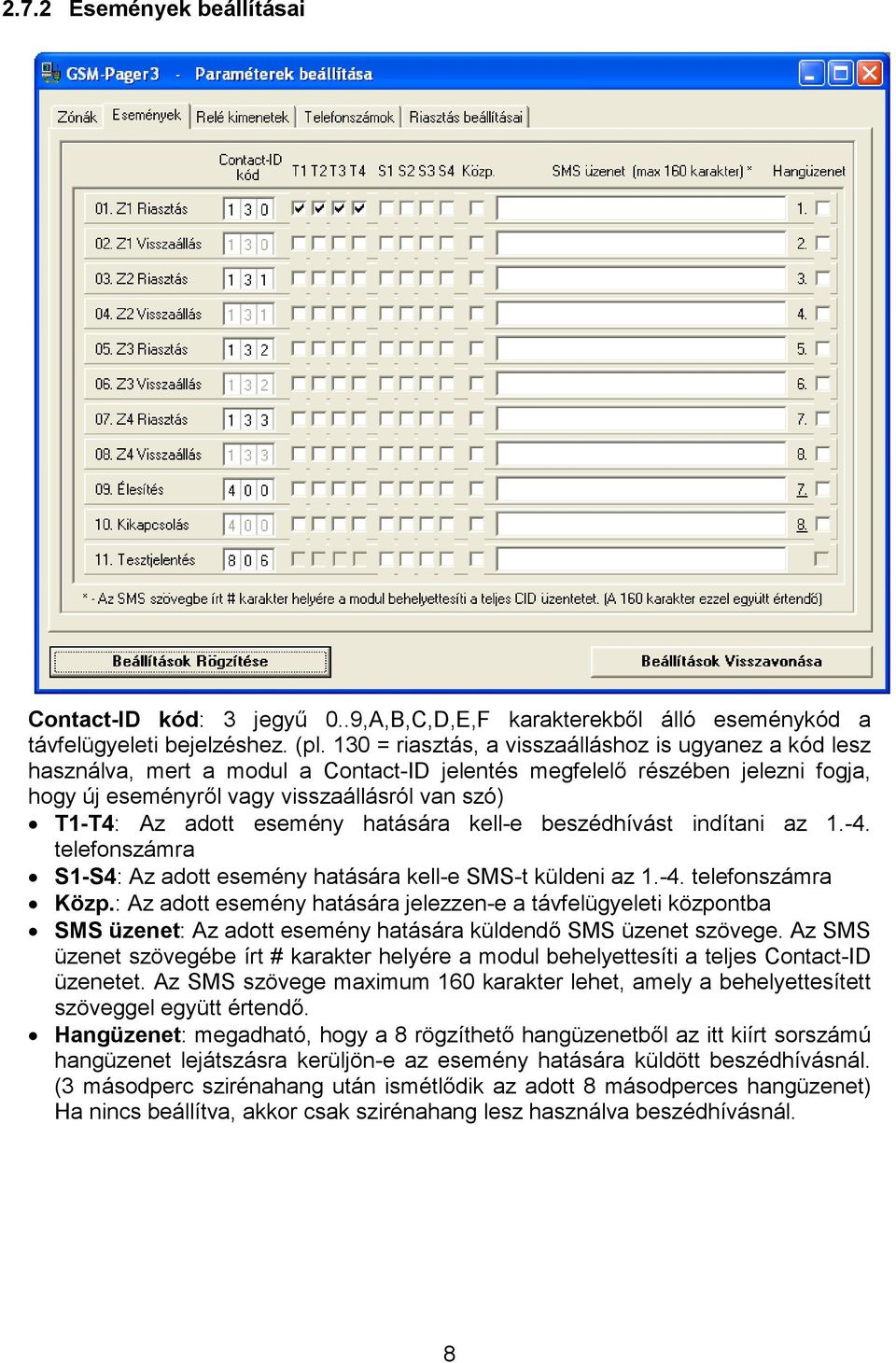 esemény hatására kell-e beszédhívást indítani az 1.-4. telefonszámra S1-S4: Az adott esemény hatására kell-e SMS-t küldeni az 1.-4. telefonszámra Közp.