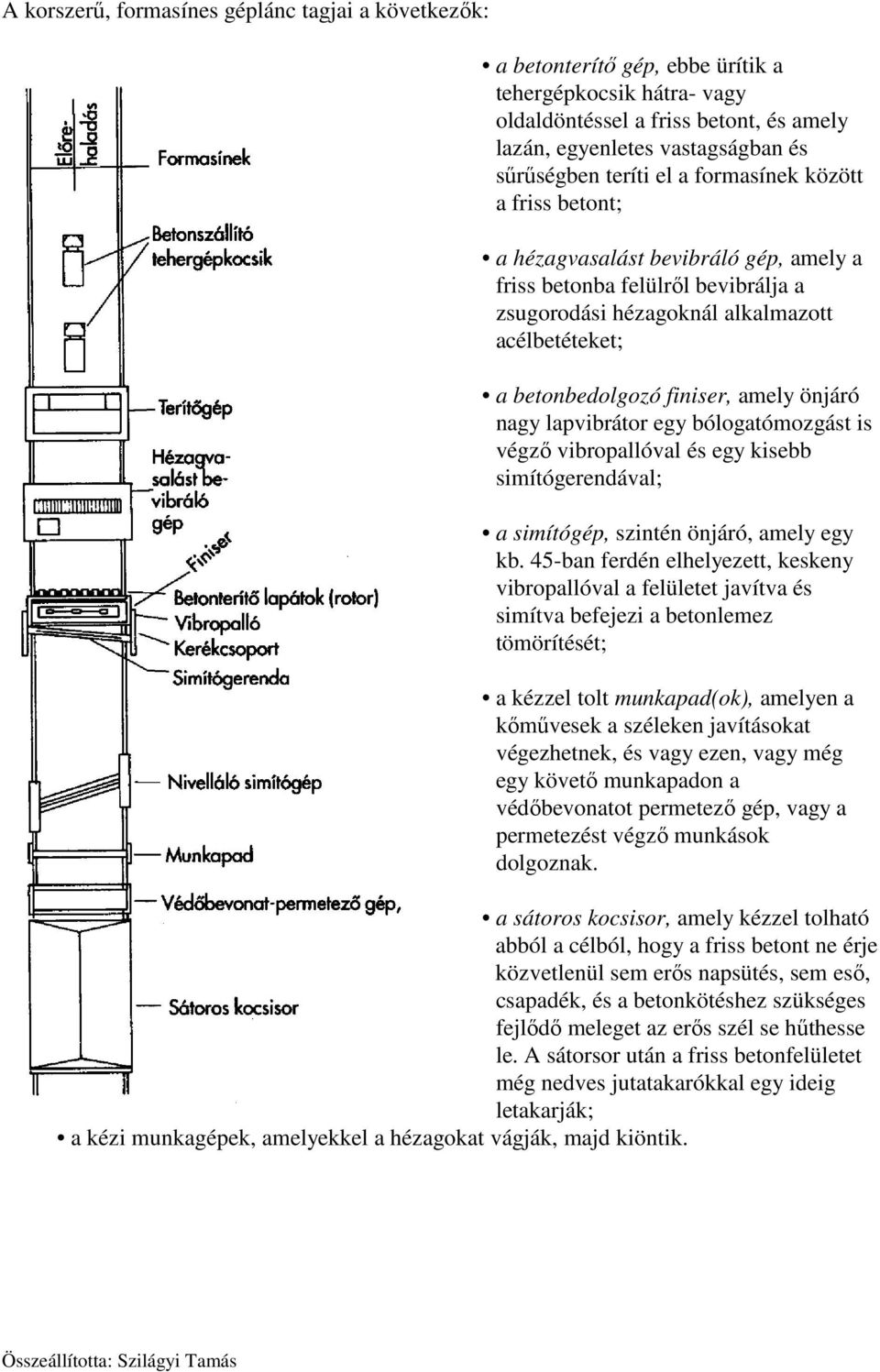 amely önjáró nagy lapvibrátor egy bólogatómozgást is végző vibropallóval és egy kisebb simítógerendával; a simítógép, szintén önjáró, amely egy kb.