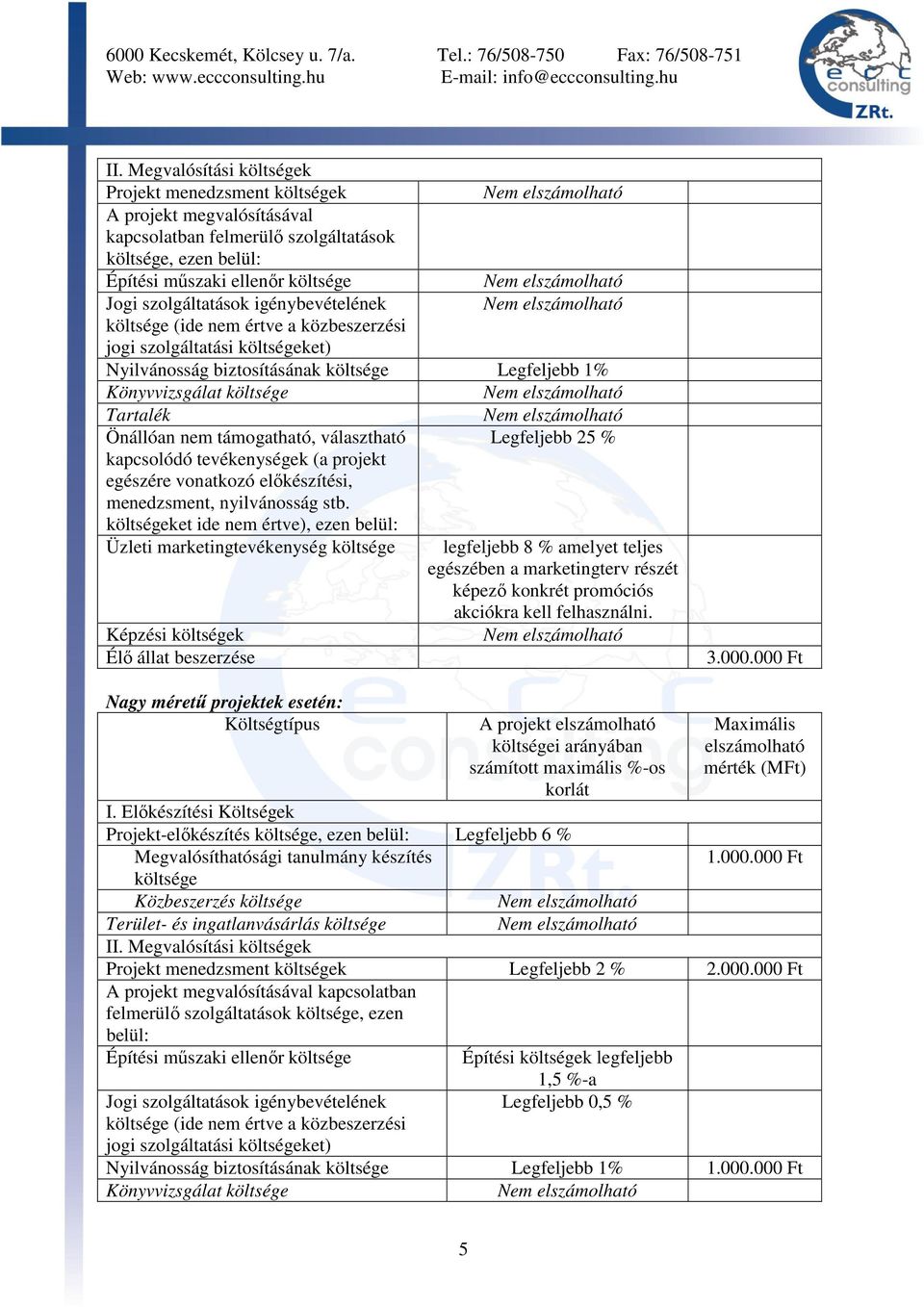 választható Legfeljebb 25 % kapcsolódó tevékenységek (a projekt egészére vonatkozó elıkészítési, menedzsment, nyilvánosság stb.