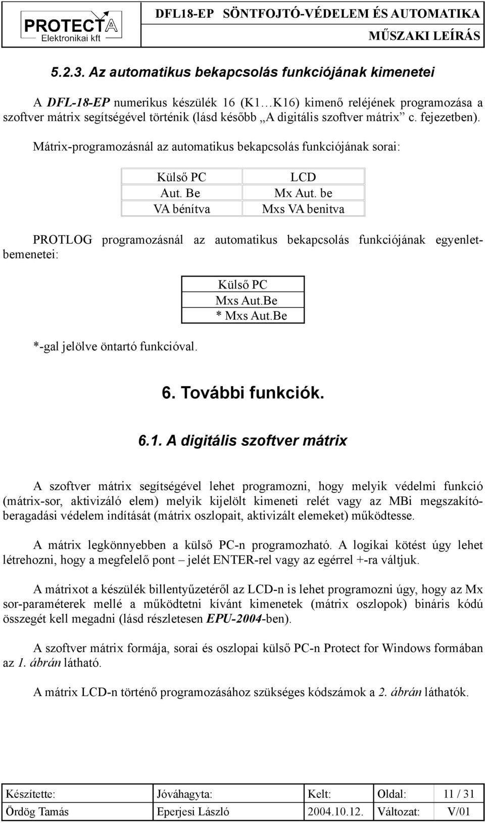 mátrix c. fejezetben). Mátrix-programozásnál az automatikus bekapcsolás funkciójának sorai: Külső PC Aut. Be VA bénítva LCD Mx Aut.