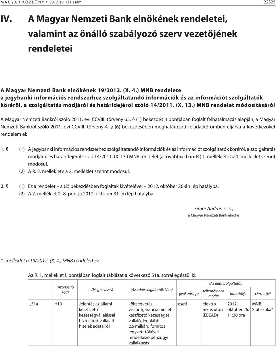 ) MNB rendelet módosításáról A Magyar Nemzeti Bankról szóló 2011. évi CCVIII. törvény 65. (1) bekezdés j) pontjában foglalt felhatalmazás alapján, a Magyar Nemzeti Bankról szóló 2011. évi CCVIII. törvény 4.