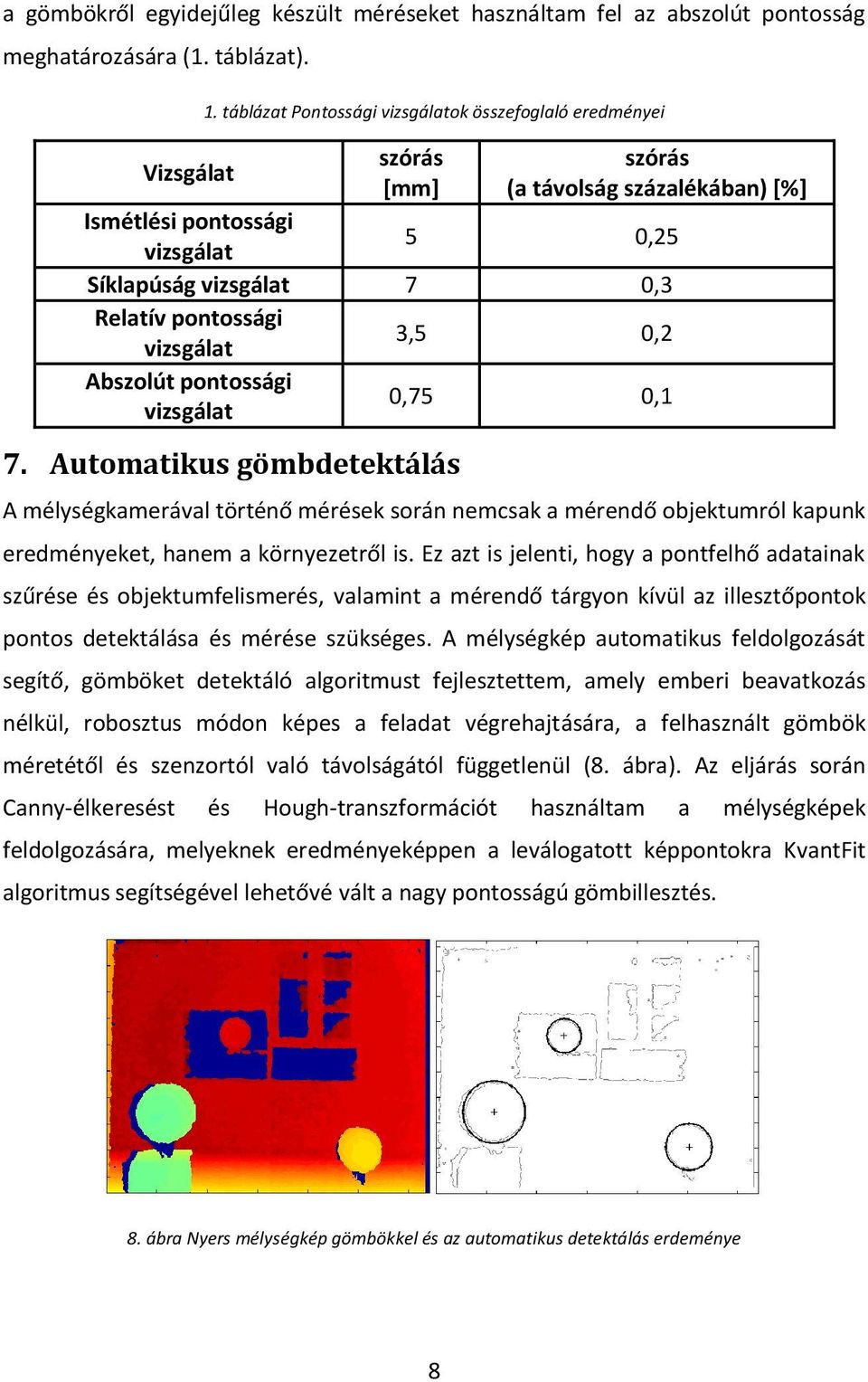 3,5 0,2 Abszolút pontossági vizsgálat 0,75 0,1 7. Automatikus gömbdetektálás A mélységkamerával történő mérések során nemcsak a mérendő objektumról kapunk eredményeket, hanem a környezetről is.