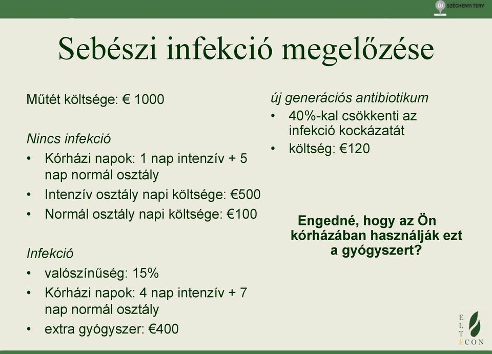 valószínűség: 15% Kórházi napok: 4 nap intenzív + 7 nap normál osztály extra gyógyszer: 400 új generációs