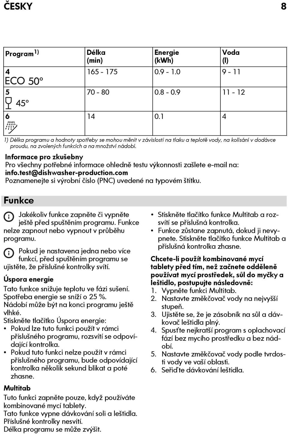 Informace pro zkušebny Pro všechny potřebné informace ohledně testu výkonnosti zašlete e-mail na: info.test@dishwasher-production.com Poznamenejte si výrobní číslo (PNC) uvedené na typovém štítku.