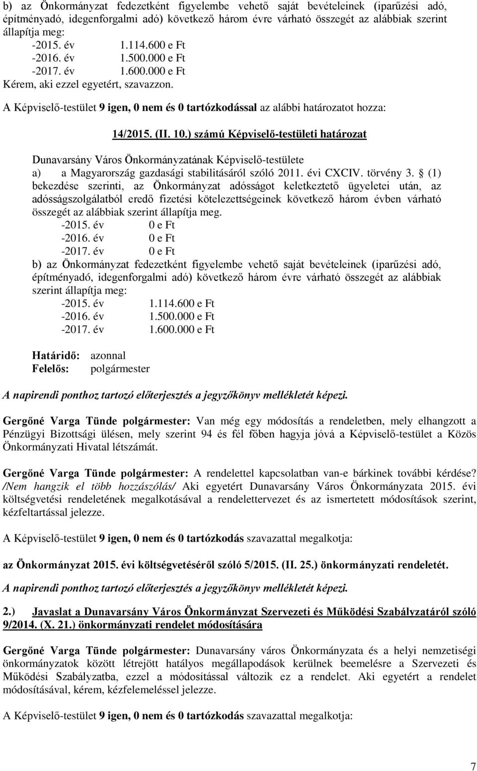 ) számú Képviselő-testületi határozat Dunavarsány Város Önkormányzatának Képviselő-testülete a) a Magyarország gazdasági stabilitásáról szóló 2011. évi CXCIV. törvény 3.