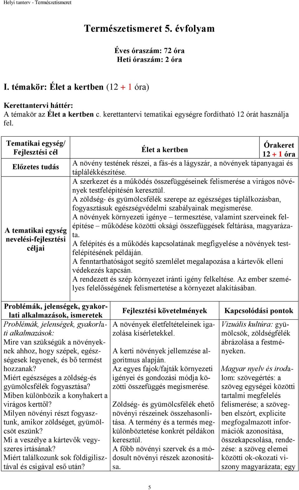 Tematikai egység/ Fejlesztési cél Előzetes tudás A tematikai egység nevelési-fejlesztési céljai Órakeret Élet a kertben 12 + 1 óra A növény testének részei, a fás-és a lágyszár, a növények tápanyagai