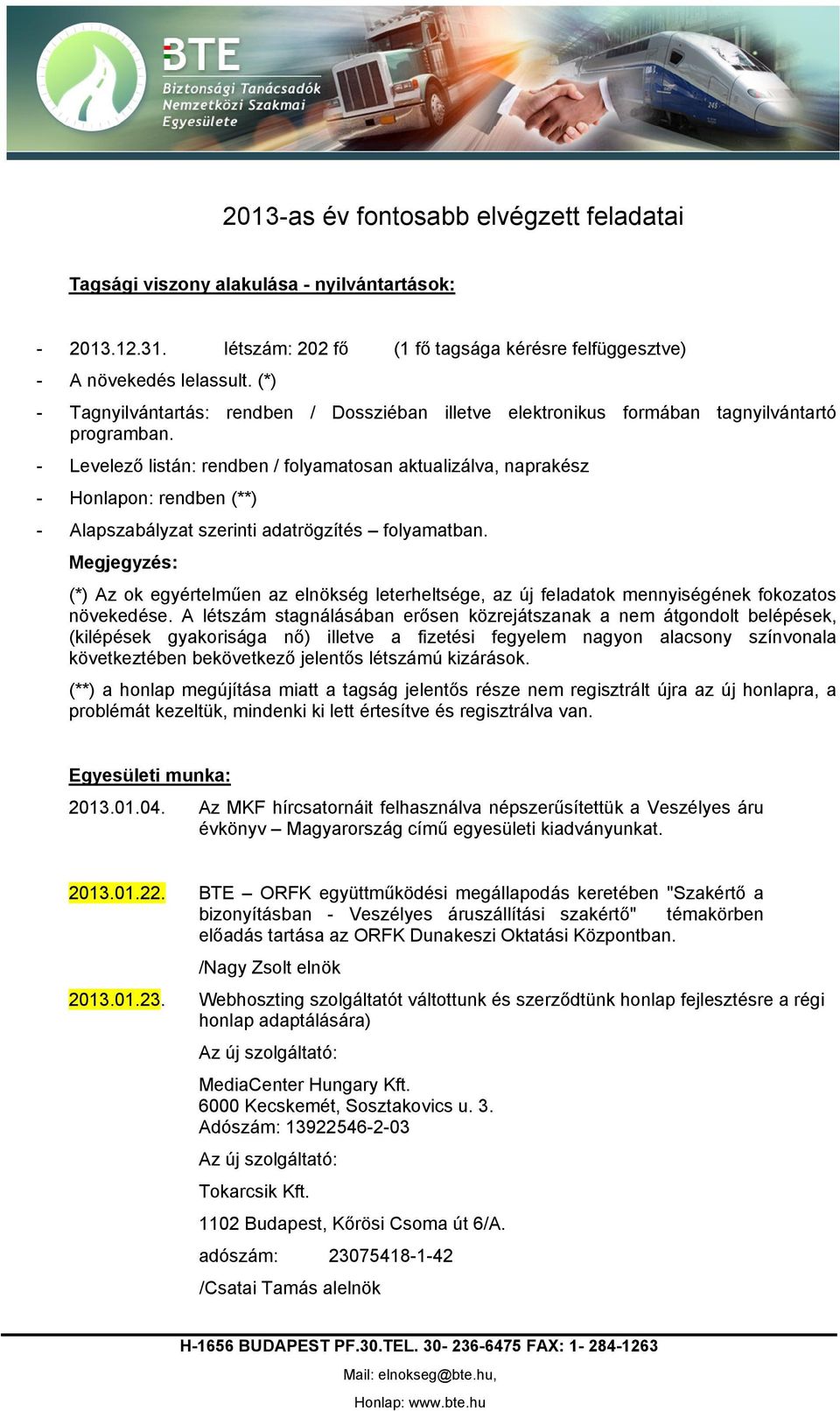 - Levelező listán: rendben / flyamatsan aktualizálva, naprakész - Hnlapn: rendben (**) - Alapszabályzat szerinti adatrögzítés flyamatban.