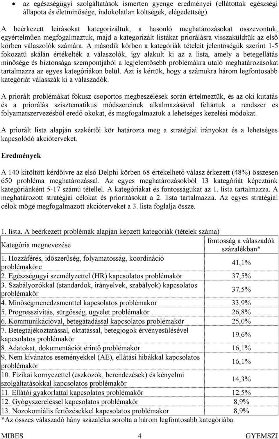 A második körben a kategóriák tételeit jelentőségük szerint 1-5 fokozatú skálán értékelték a válaszolók, így alakult ki az a lista, amely a betegellátás minősége és biztonsága szempontjából a