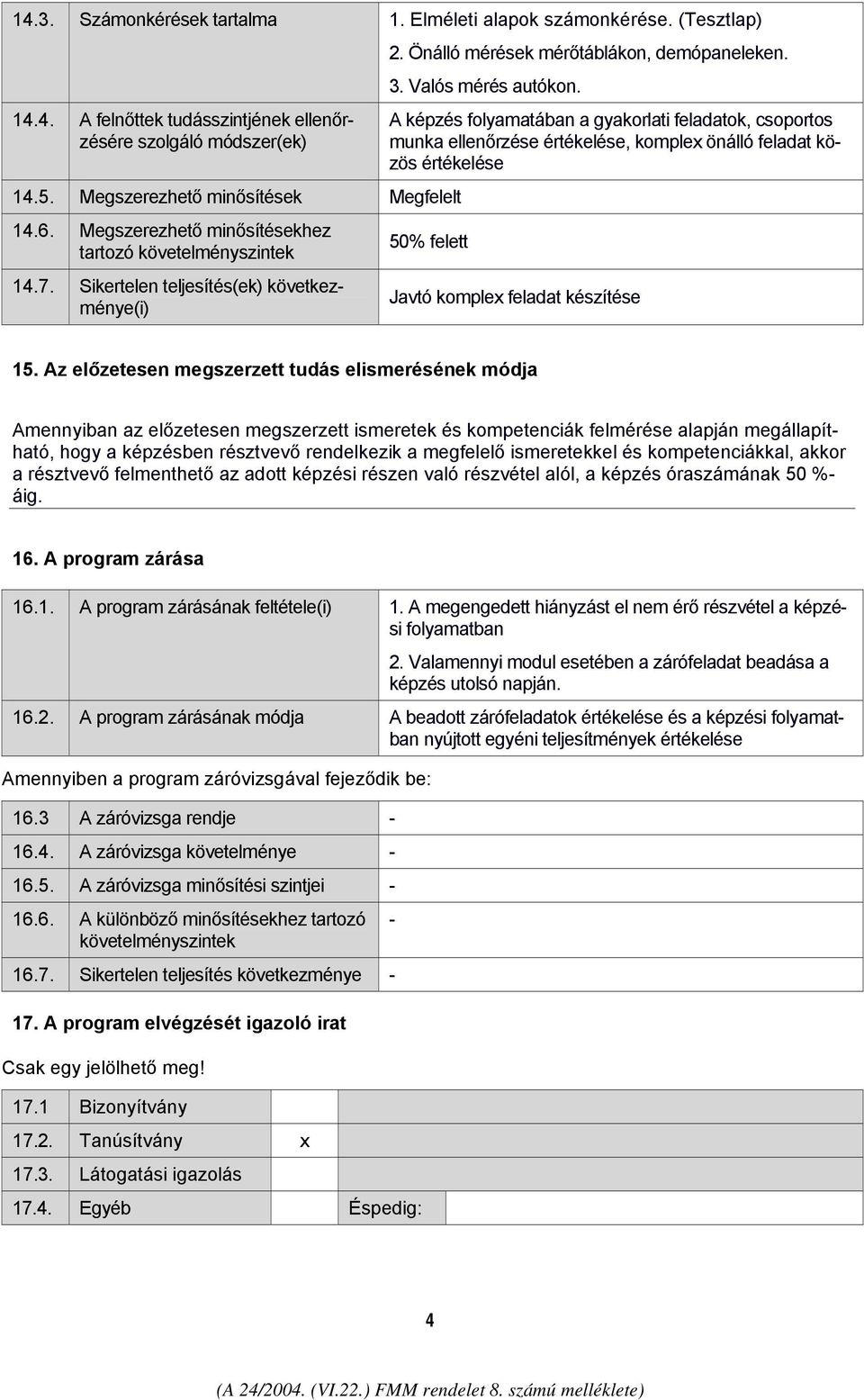 A képzés folyamatában a gyakorlati feladatok, csoportos munka ellenőrzése értékelése, komplex önálló feladat közös értékelése 50% felett Javtó komplex feladat készítése 15.