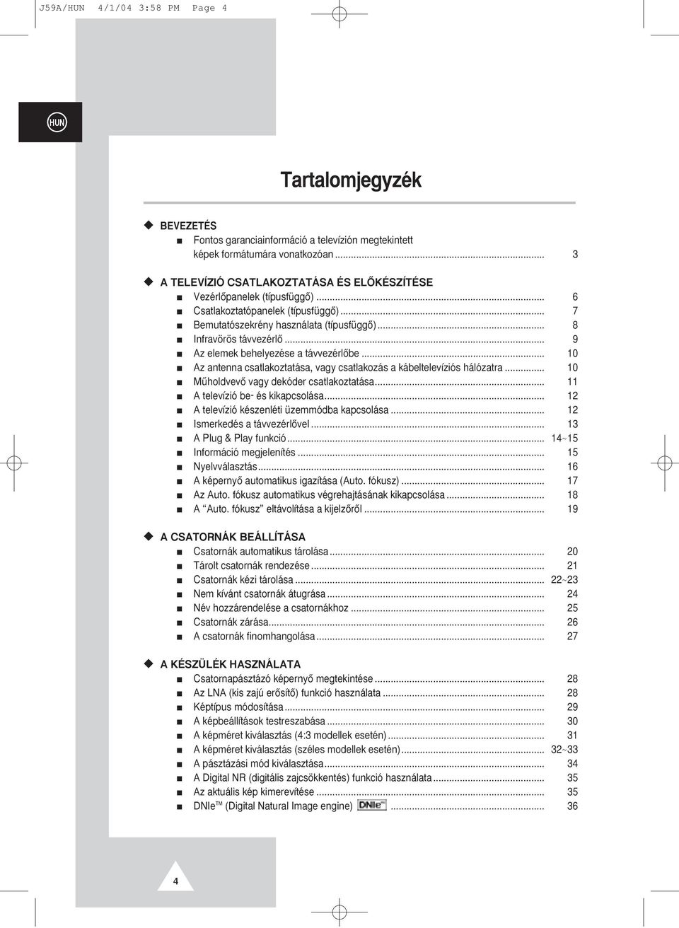 .. 9 Az elemek behelyezése a távvezérlœbe... 10 Az antenna csatlakoztatása, vagy csatlakozás a kábeltelevíziós hálózatra... 10 MıholdvevŒ vagy dekóder csatlakoztatása.