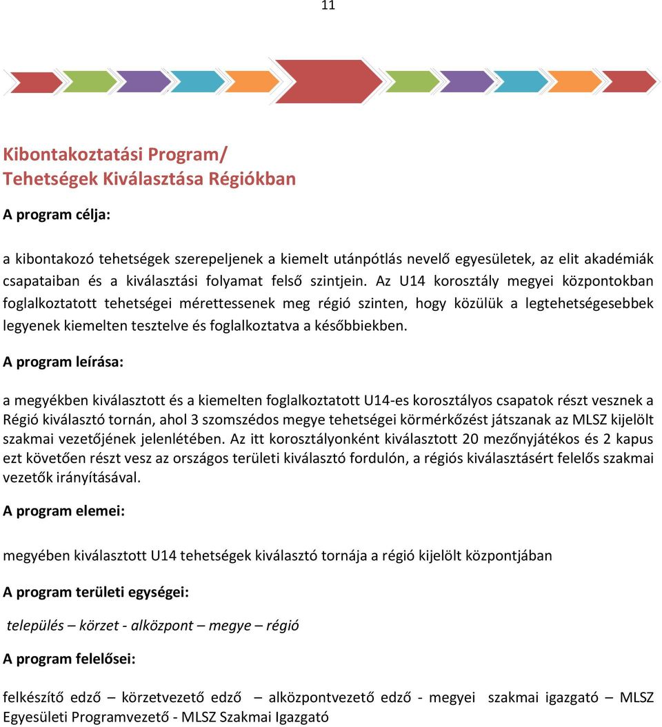 Az U14 korosztály megyei központokban foglalkoztatott tehetségei mérettessenek meg régió szinten, hogy közülük a legtehetségesebbek legyenek kiemelten tesztelve és foglalkoztatva a későbbiekben.