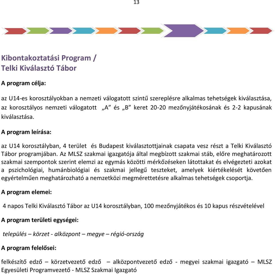 A program leírása: az U14 korosztályban, 4 terület és Budapest kiválasztottjainak csapata vesz részt a Telki Kiválasztó Tábor programjában.