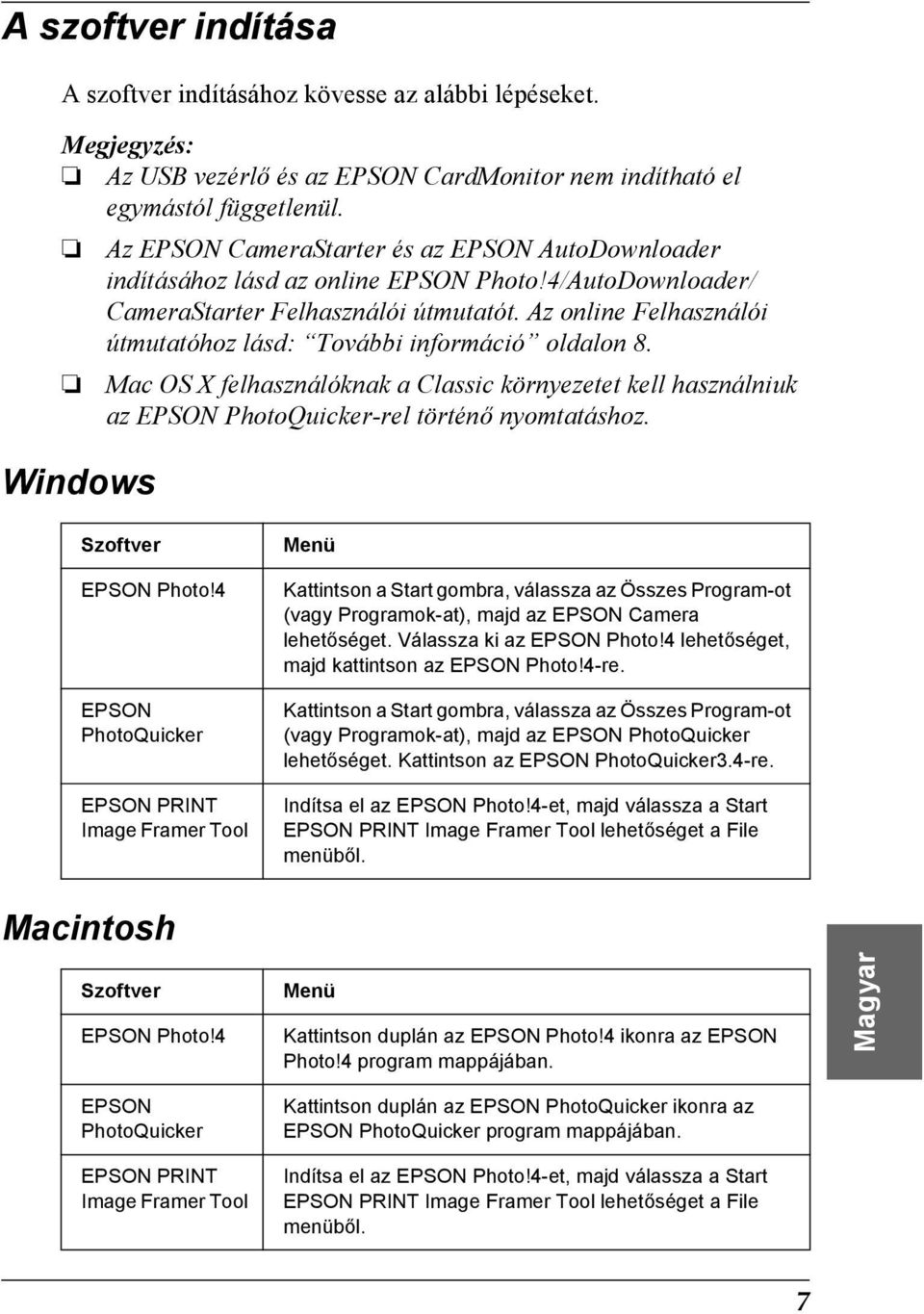 Az online Felhasználói útmutatóhoz lásd: További információ oldalon 8. Mac OS X felhasználóknak a Classic környezetet kell használniuk az EPSON PhotoQuicker-rel történő nyomtatáshoz.