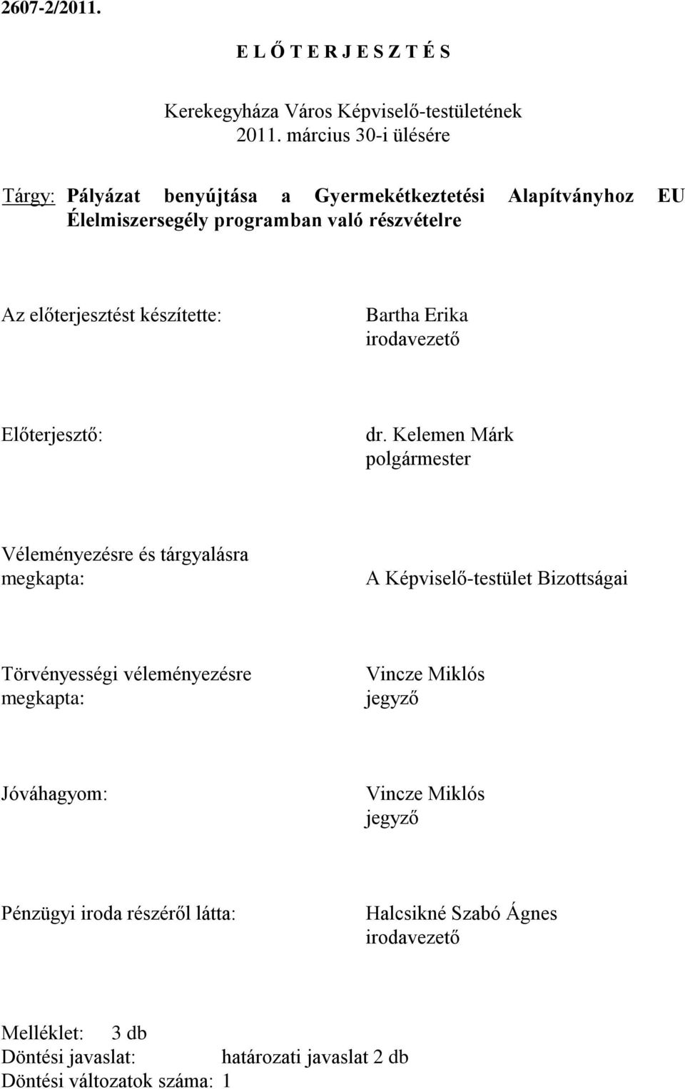 készítette: Bartha Erika irodavezető Előterjesztő: dr.