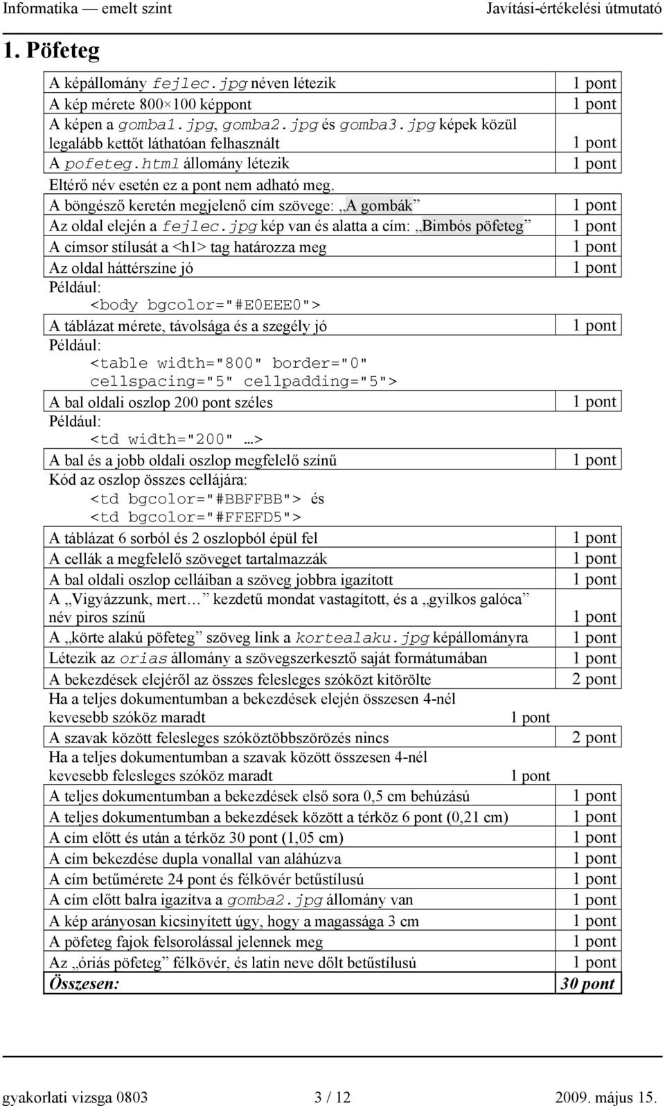 jpg kép van és alatta a cím: Bimbós pöfeteg A címsor stílusát a <h1> tag határozza meg Az oldal háttérszíne jó <body bgcolor="#e0eee0"> A táblázat mérete, távolsága és a szegély jó <table width="800"